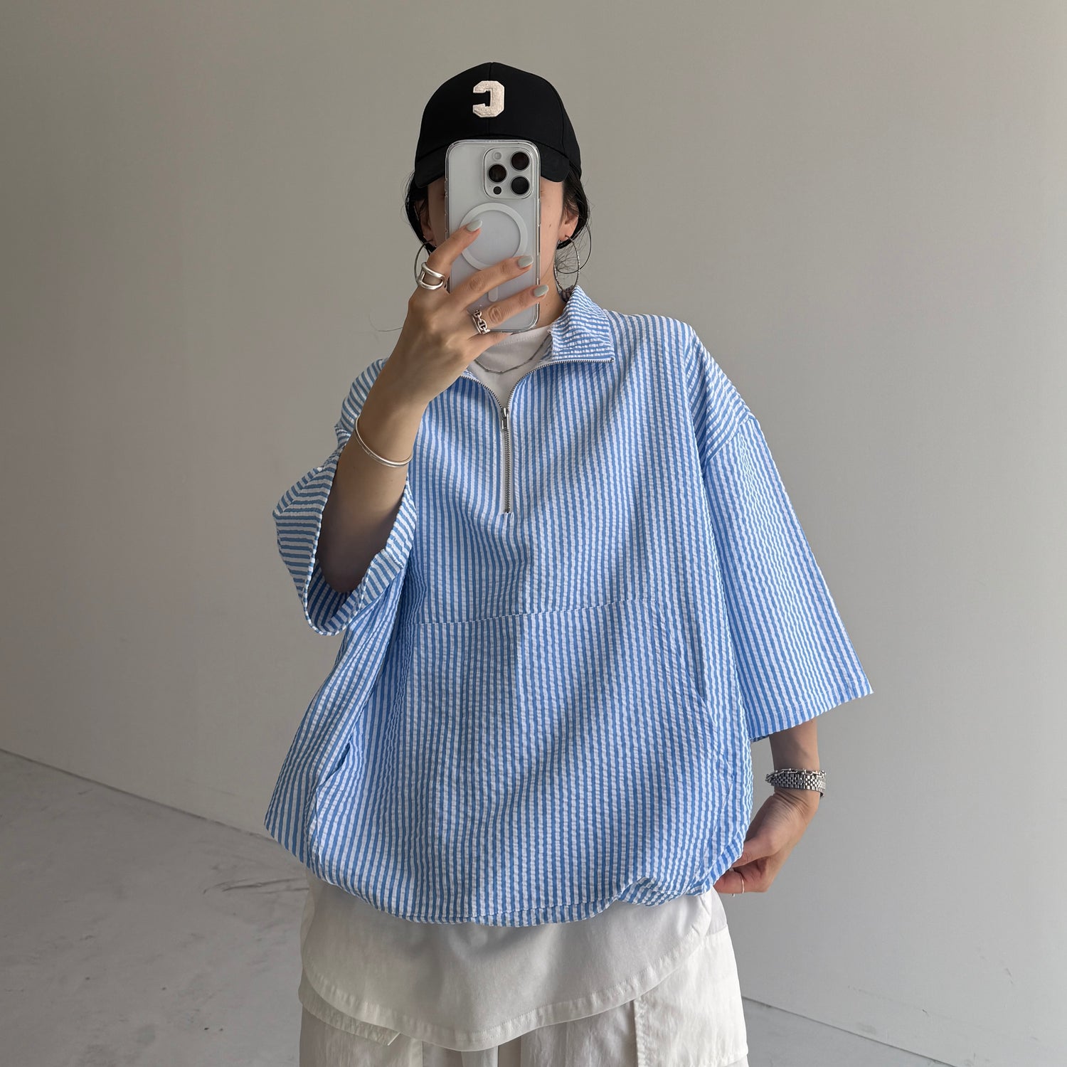 over size half zip holiday PO / blue