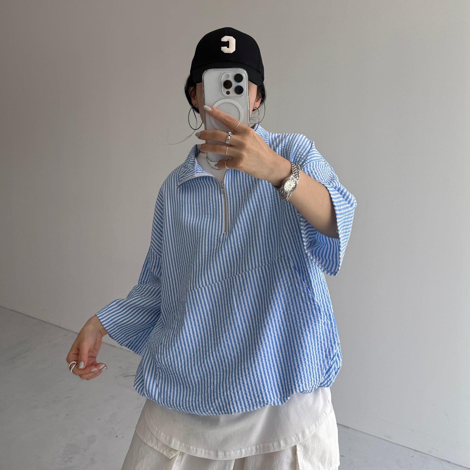 over size half zip holiday PO / blue