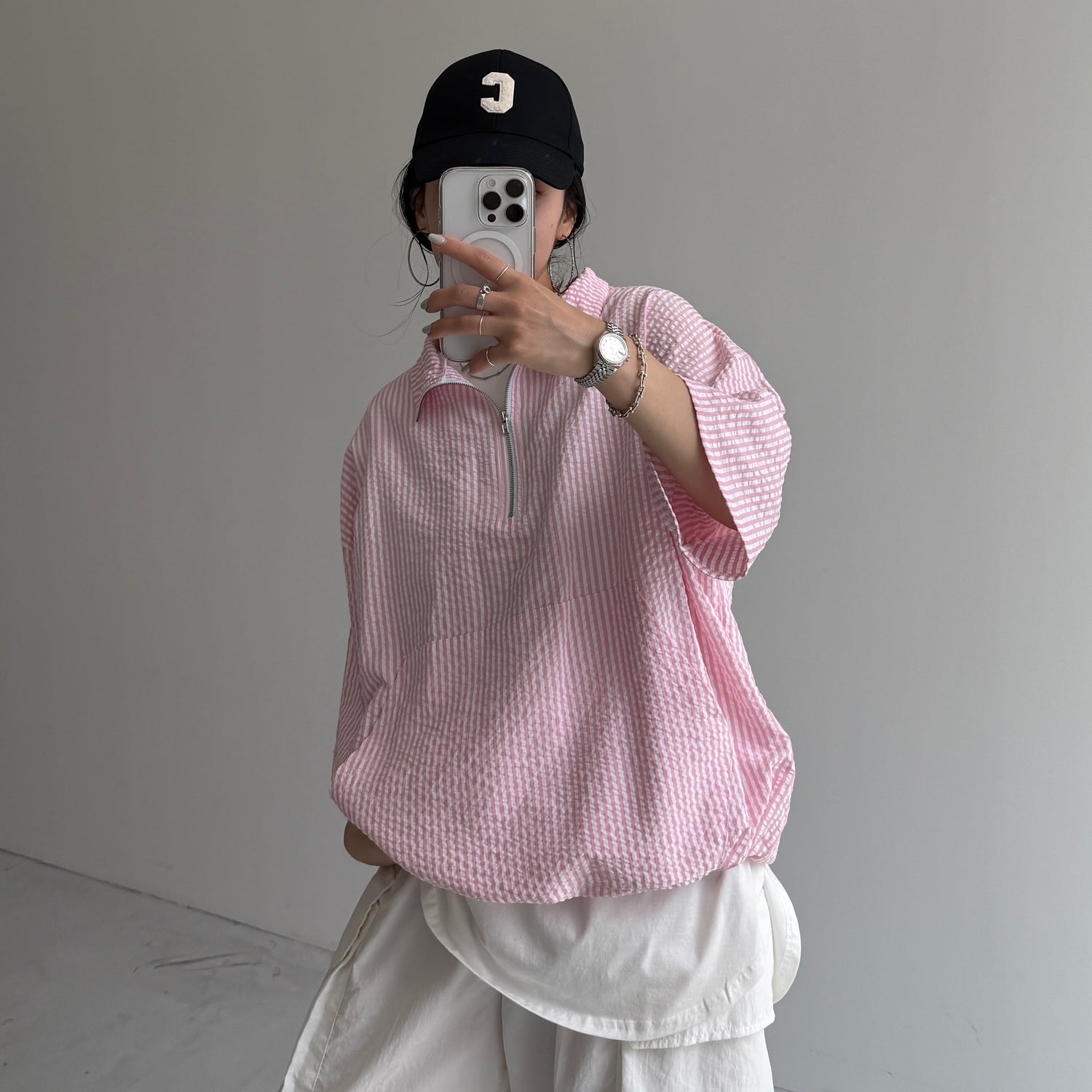 over size half zip holiday PO / pink