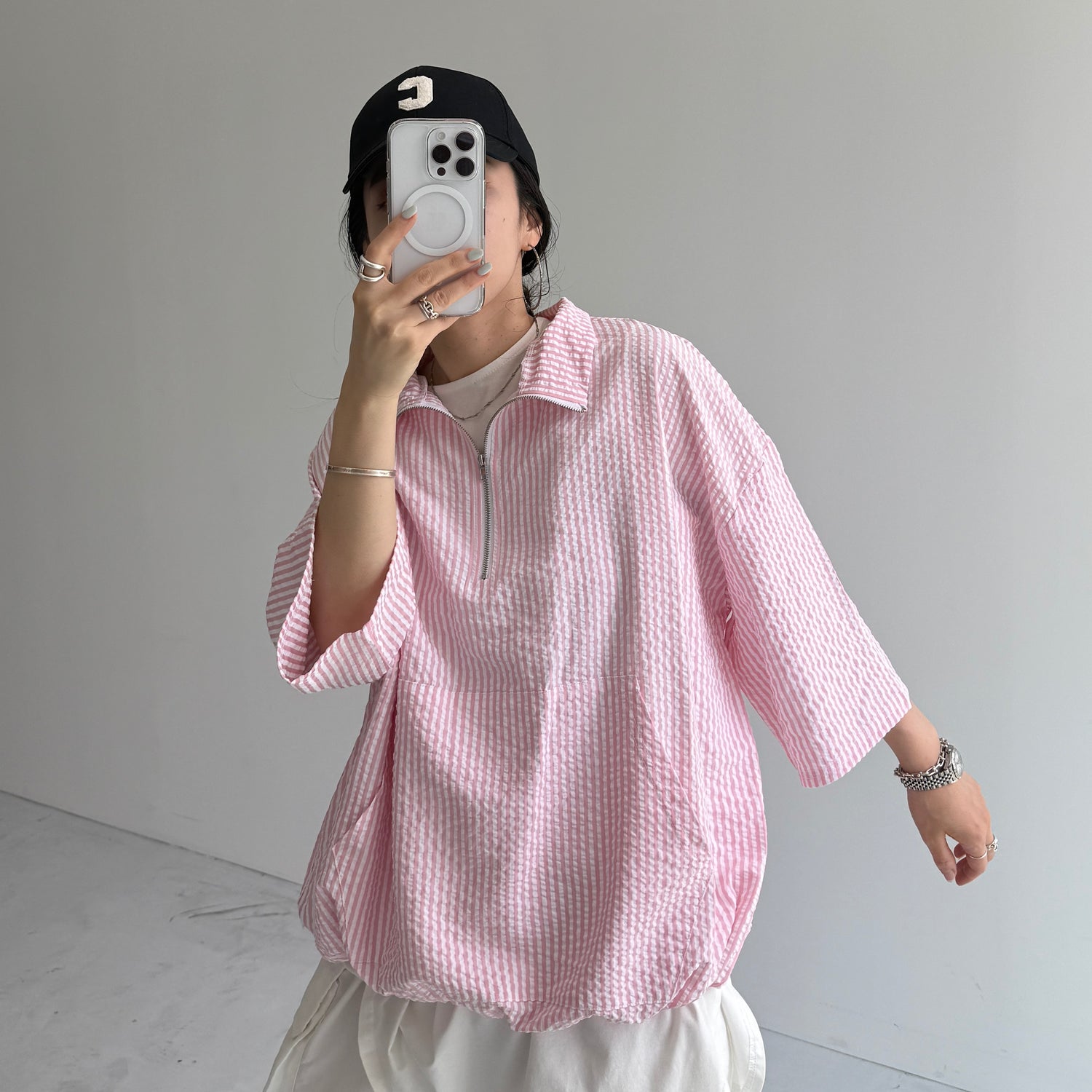 over size half zip holiday PO / pink