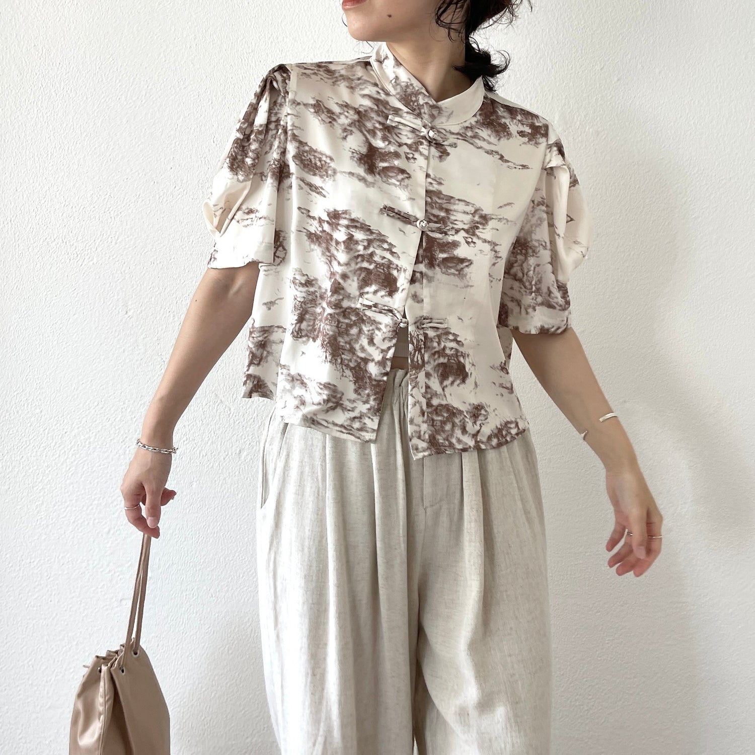 【SAMPLE】puff shoulder china shirt / brown