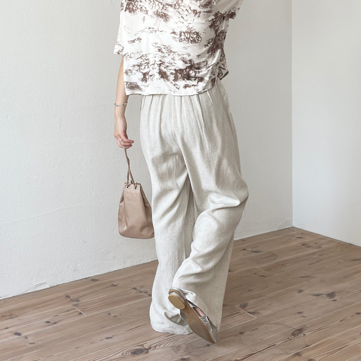 【2点SET】tuck wide linen pants + belt set / beige