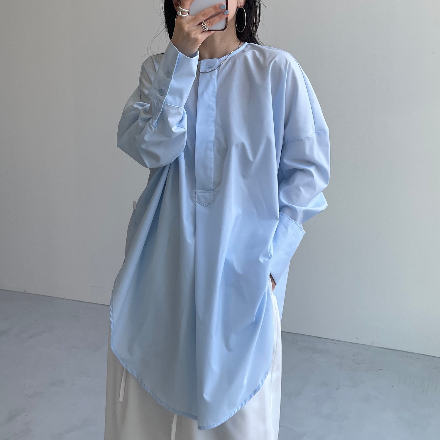 over size no collar mannish shirt / light blue