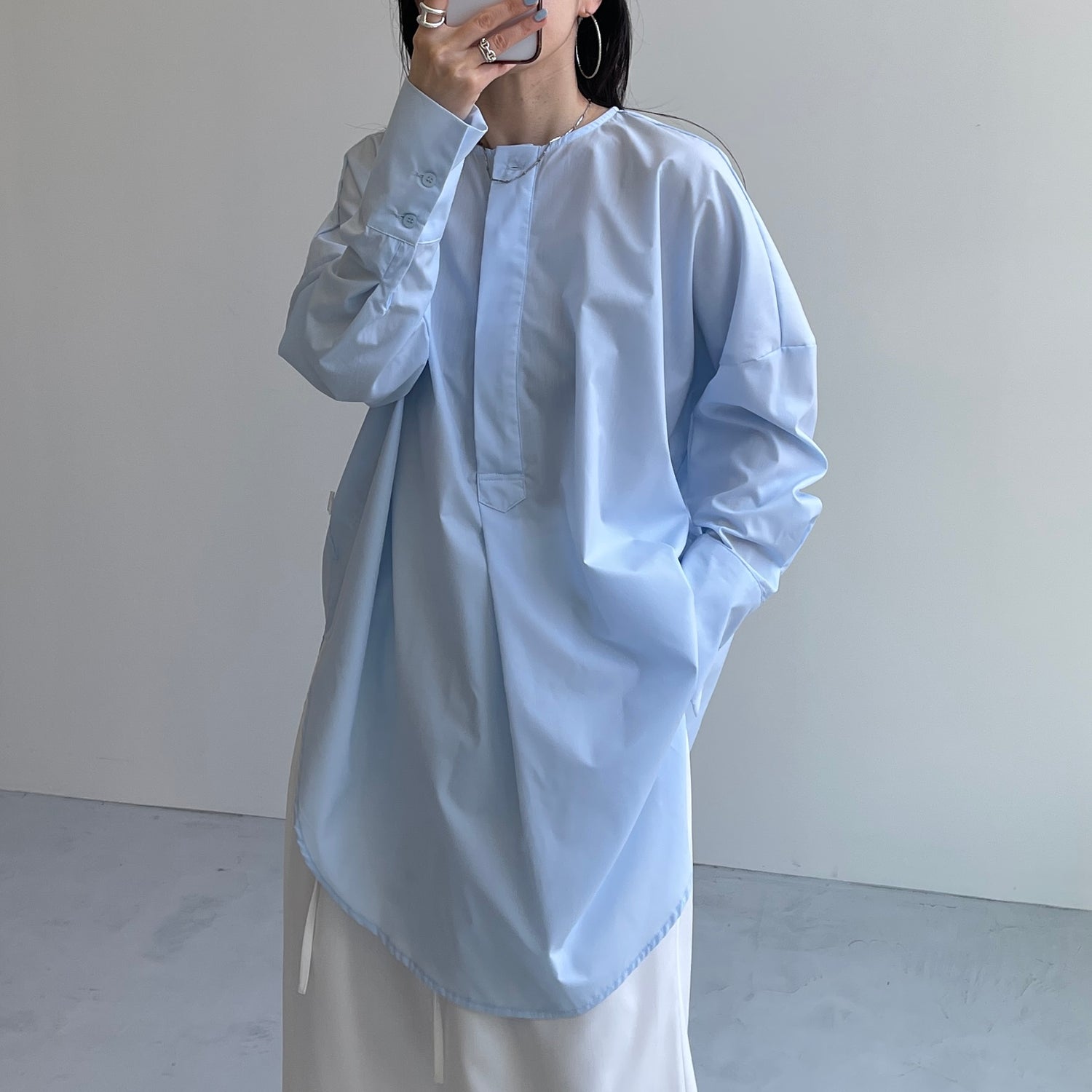 over size no collar mannish shirt / light blue