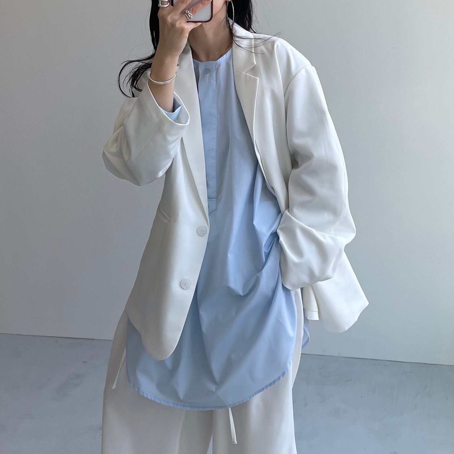 over size no collar mannish shirt / light blue