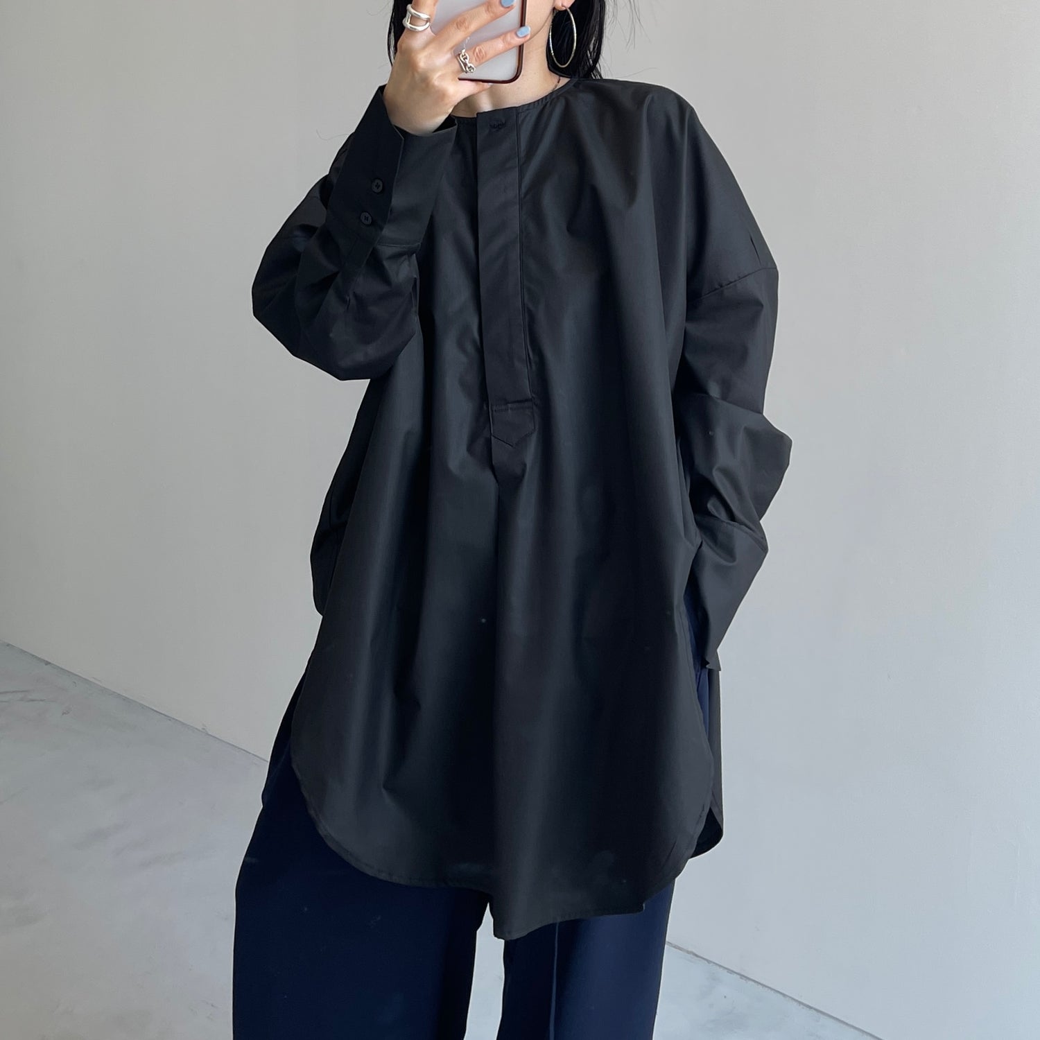 over size no collar mannish shirt / black