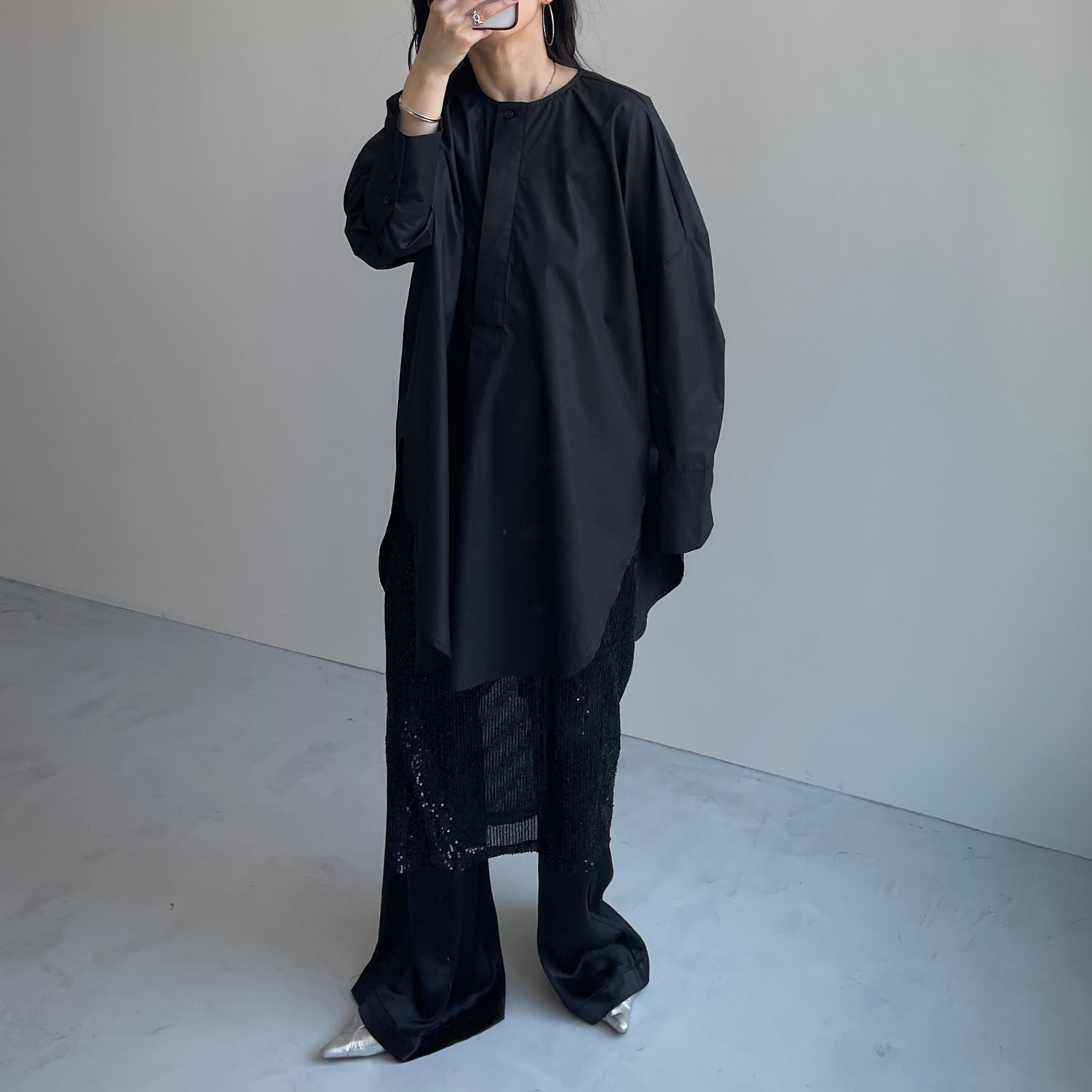 over size no collar mannish shirt / black