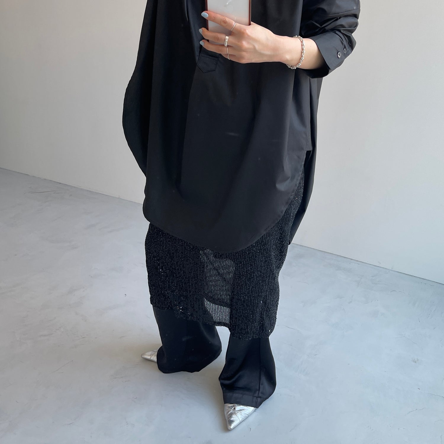 over size no collar mannish shirt / black