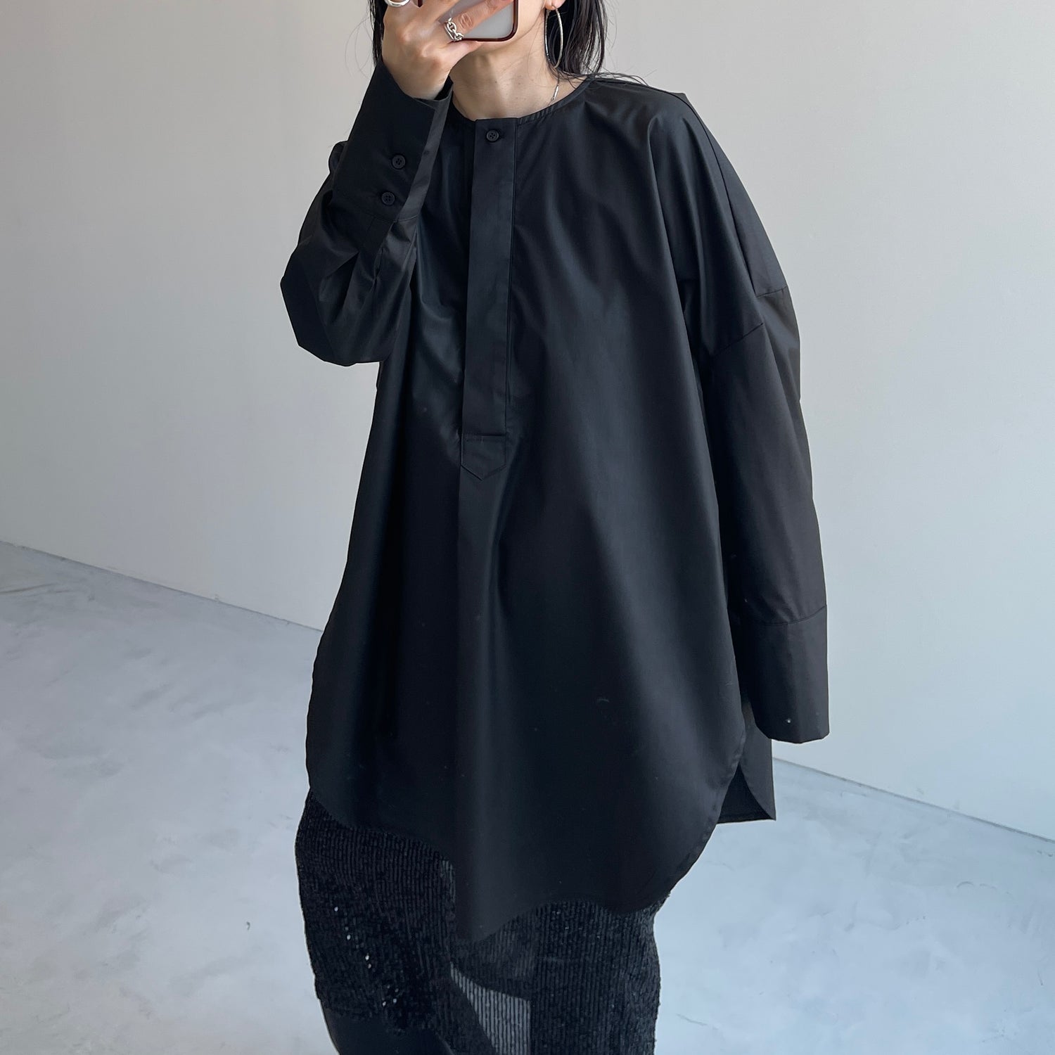 over size no collar mannish shirt / black