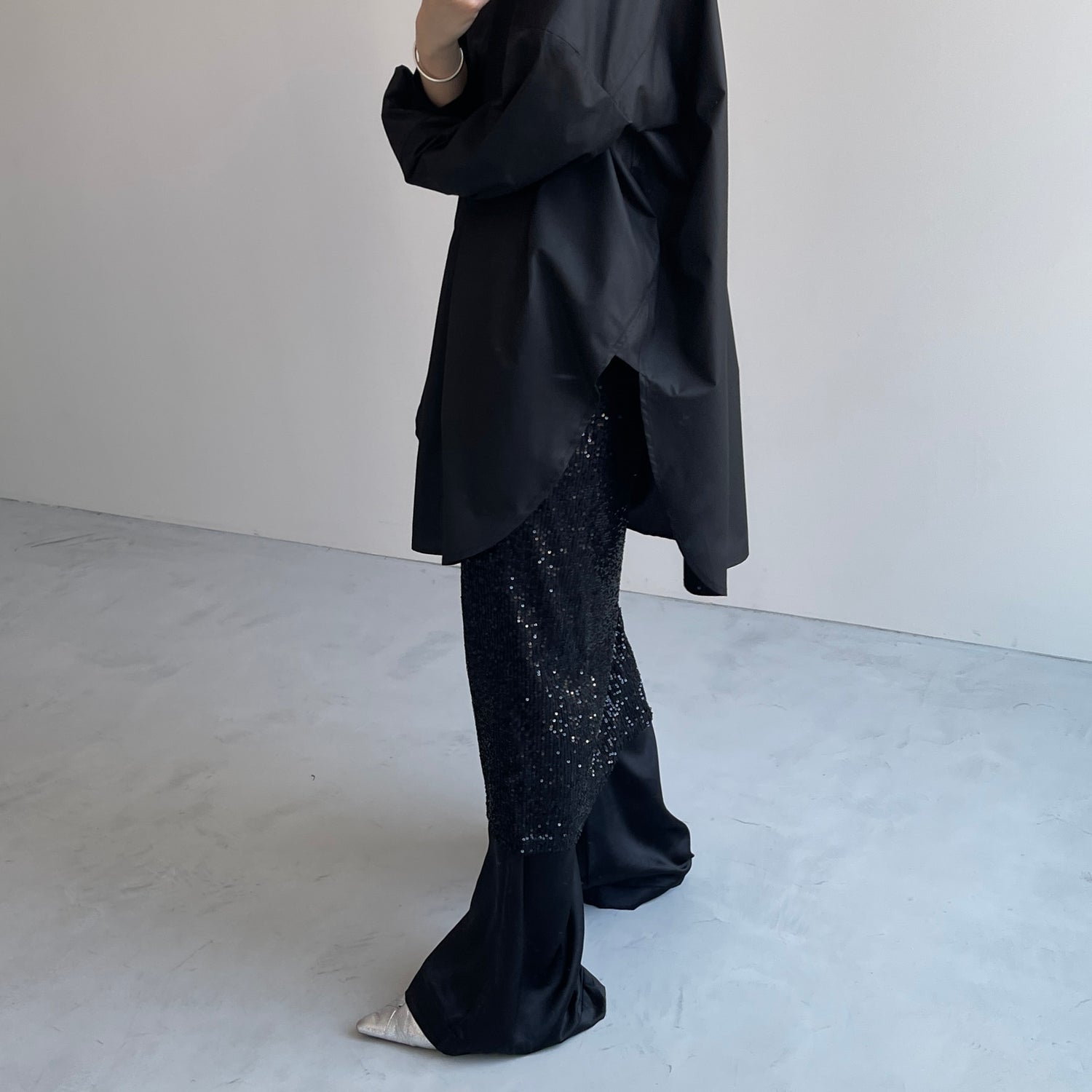 over size no collar mannish shirt / black