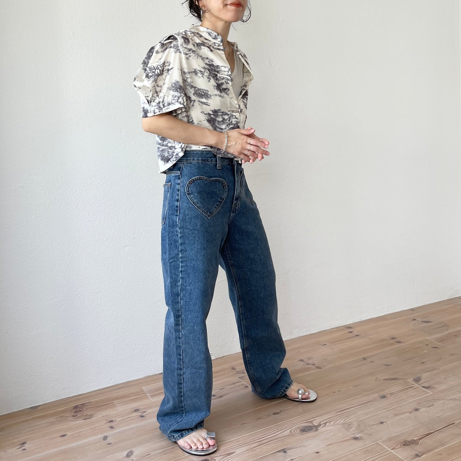 【SAMPLE】puff shoulder china shirt / navy