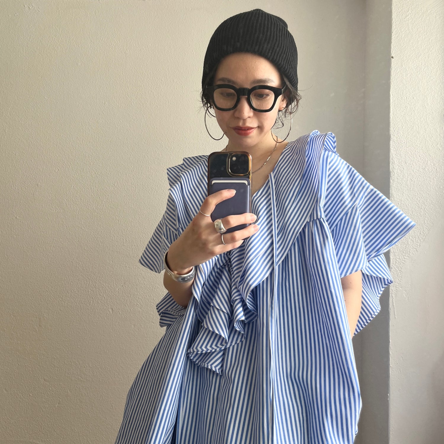 big collar frill half blouse / stripe