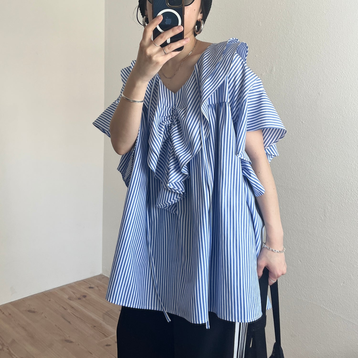 big collar frill half blouse / stripe