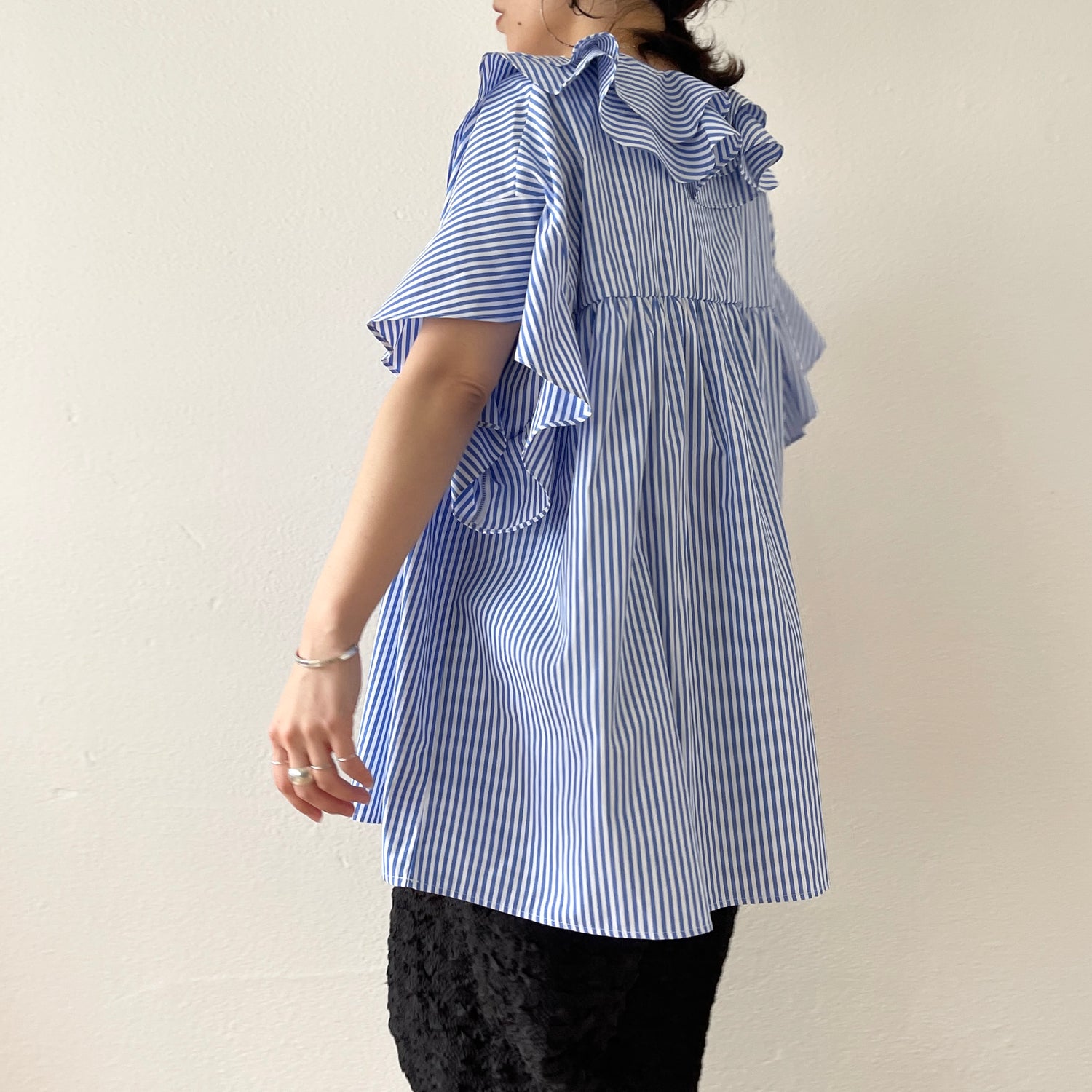 big collar frill half blouse / stripe