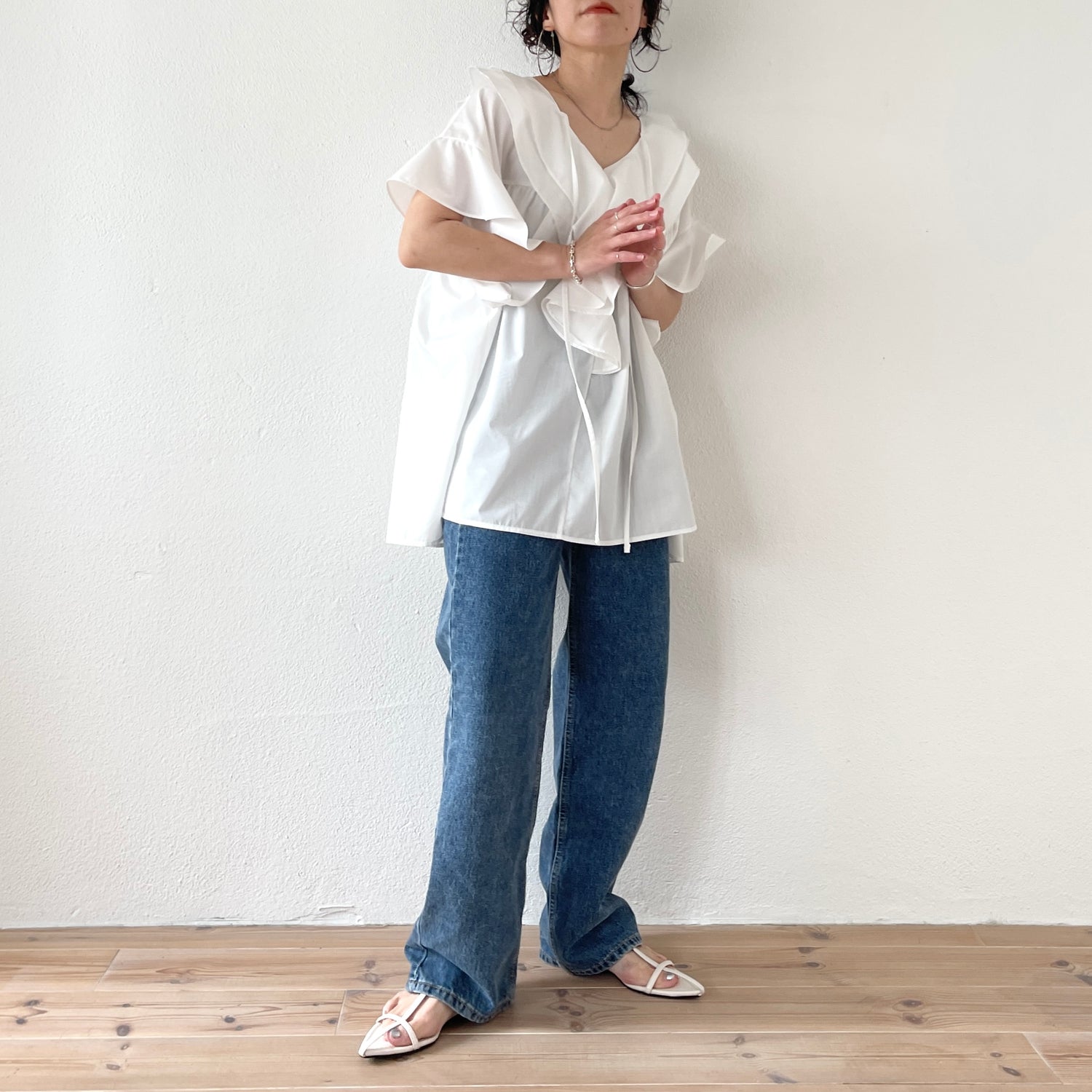 big collar frill half blouse / baby pink