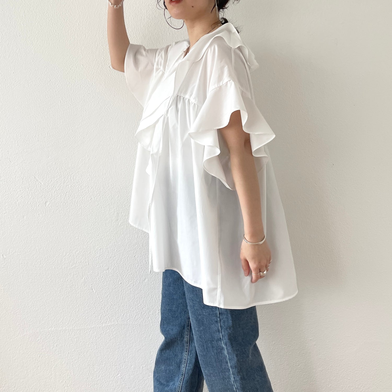 big collar frill half blouse / baby pink