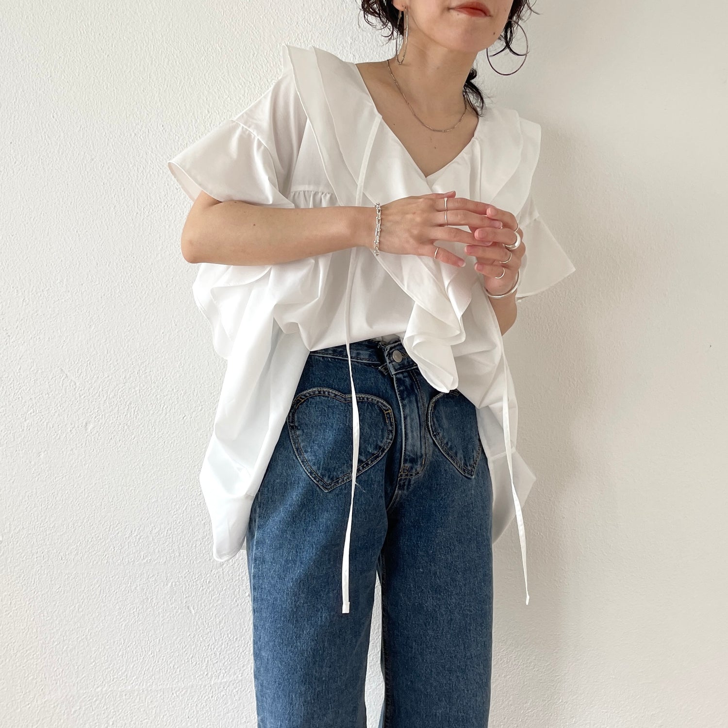 big collar frill half blouse / baby pink