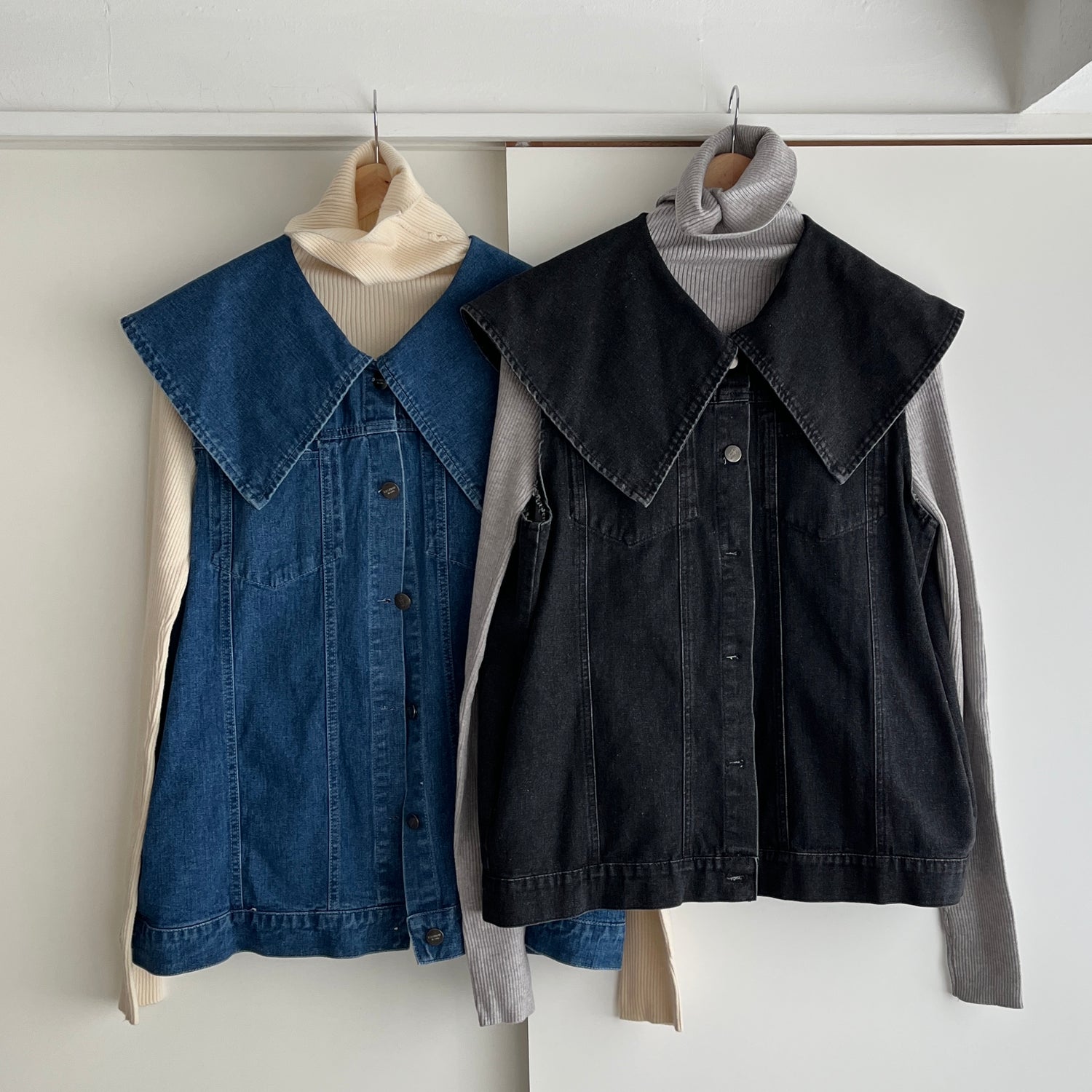 vintage like big collar denim vest / black