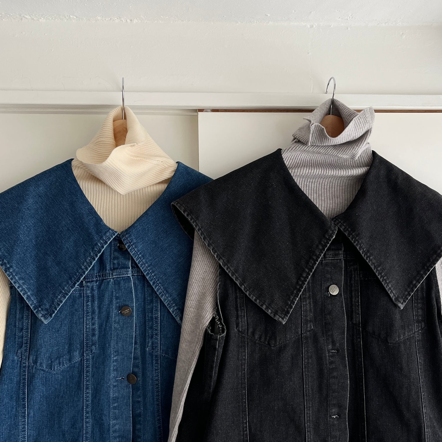 vintage like big collar denim vest / black