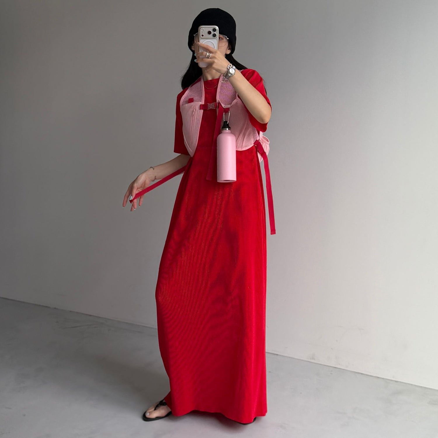 daily daily super stretch crew neck pleats one piece / cherry red [半袖 FREE or LONG]