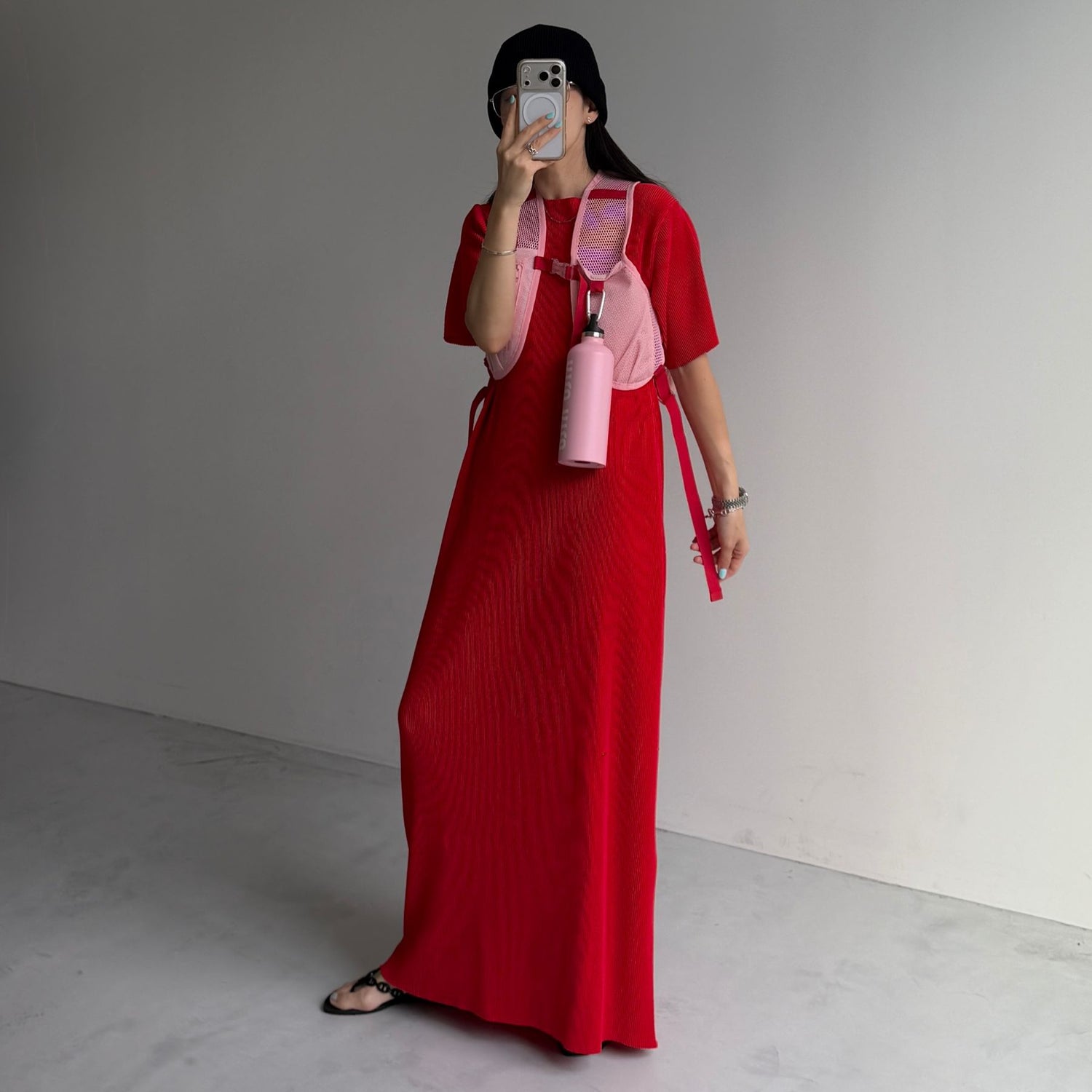 daily daily super stretch crew neck pleats one piece / cherry red [半袖 FREE or LONG]