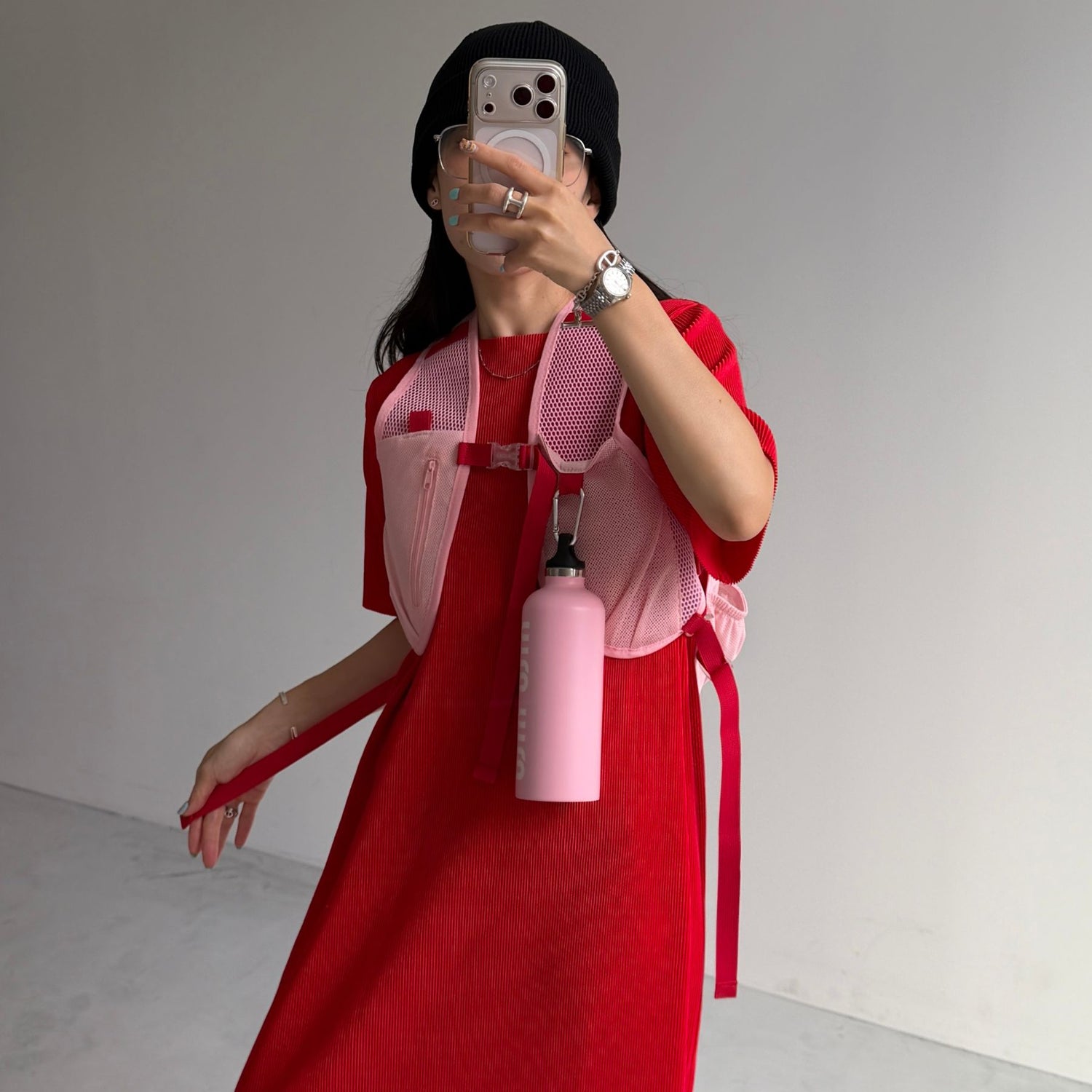 daily daily super stretch crew neck pleats one piece / cherry red [半袖 FREE or LONG]