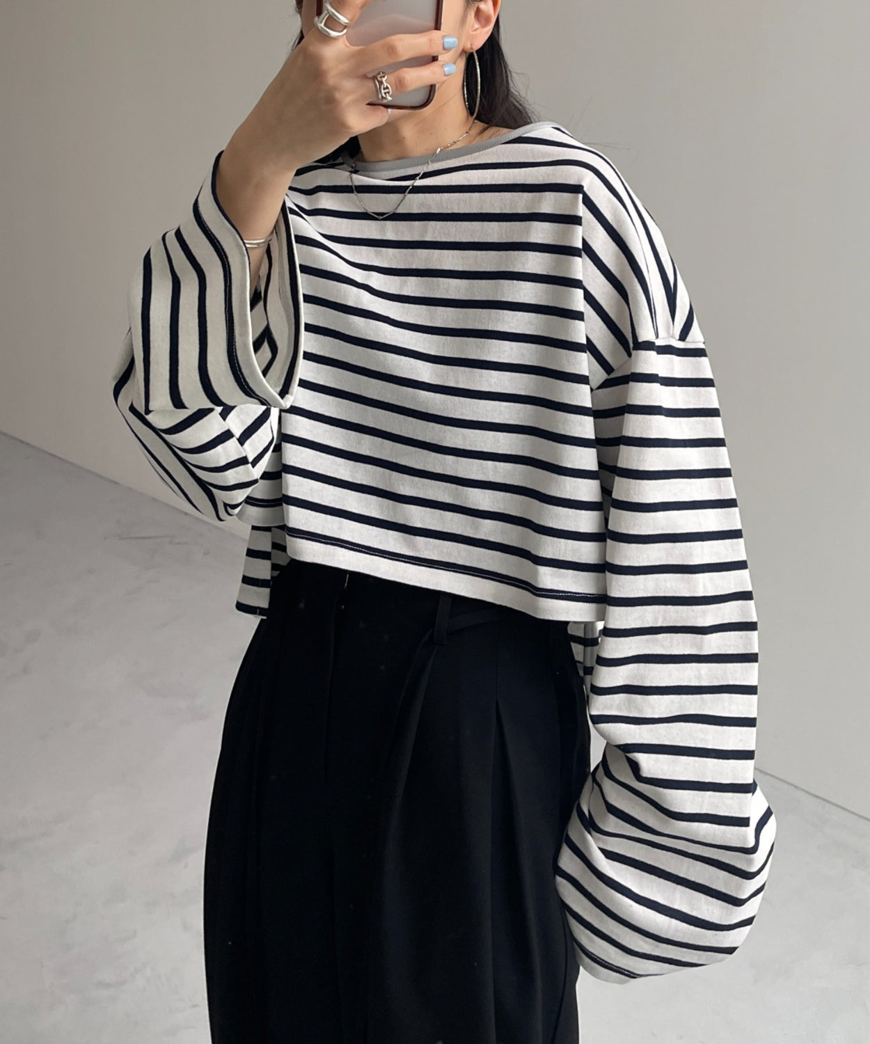 【SAMPLE】wide sleeve over size border tee / navy×silver [SHORT]