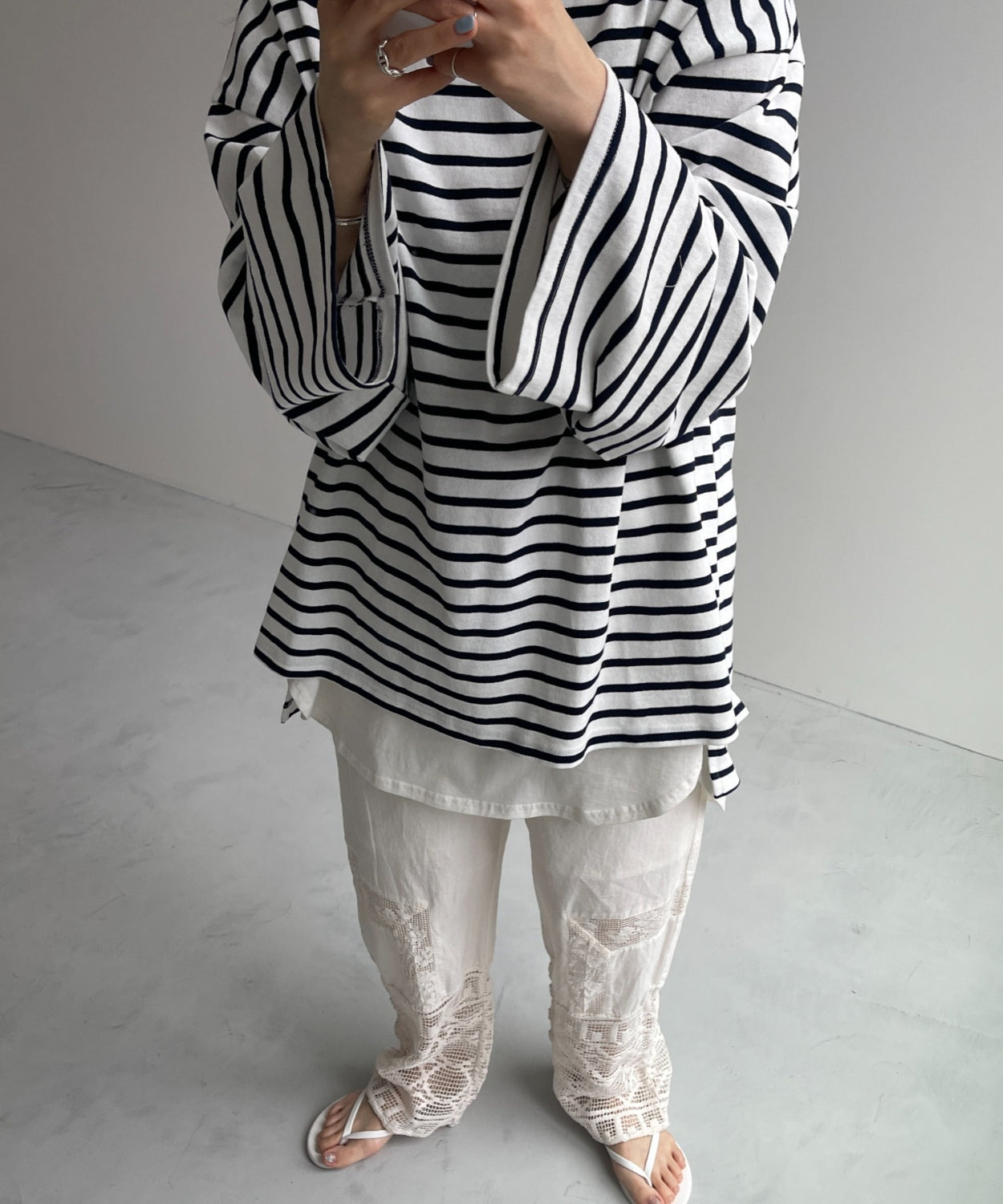 【SAMPLE】wide sleeve over size border tee / navy×silver [SHORT]