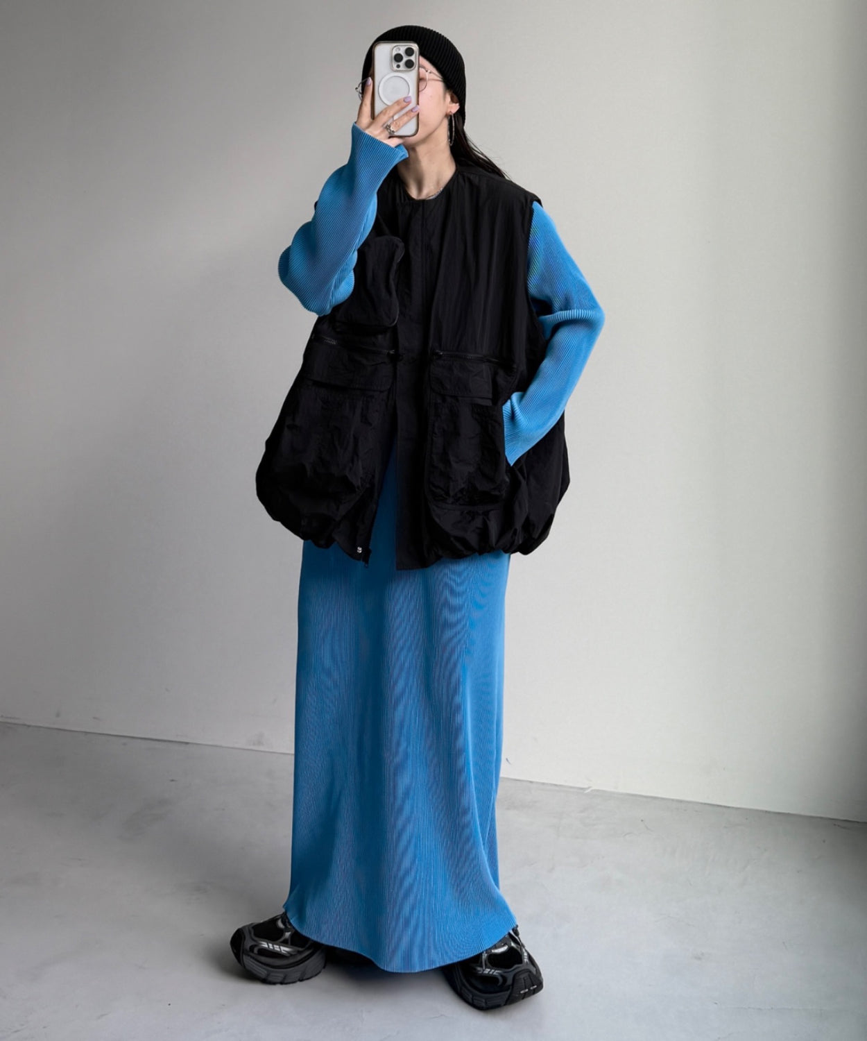 daily daily super stretch crew neck pleats one piece / blue [FREE or LONG]クルーネック