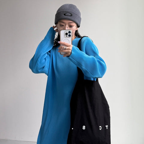 daily daily super stretch crew neck pleats one piece / blue [FREE or LONG]クルーネック