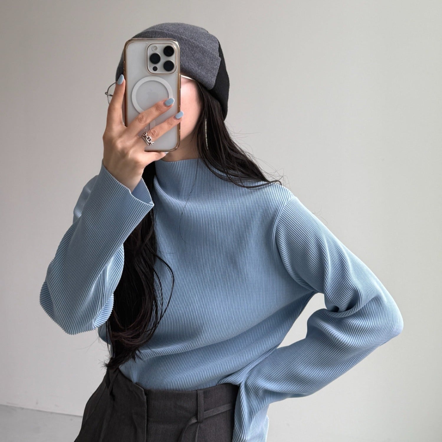 daily daily super stretch pleats tops / light blue [プチハイ or クルーネック]