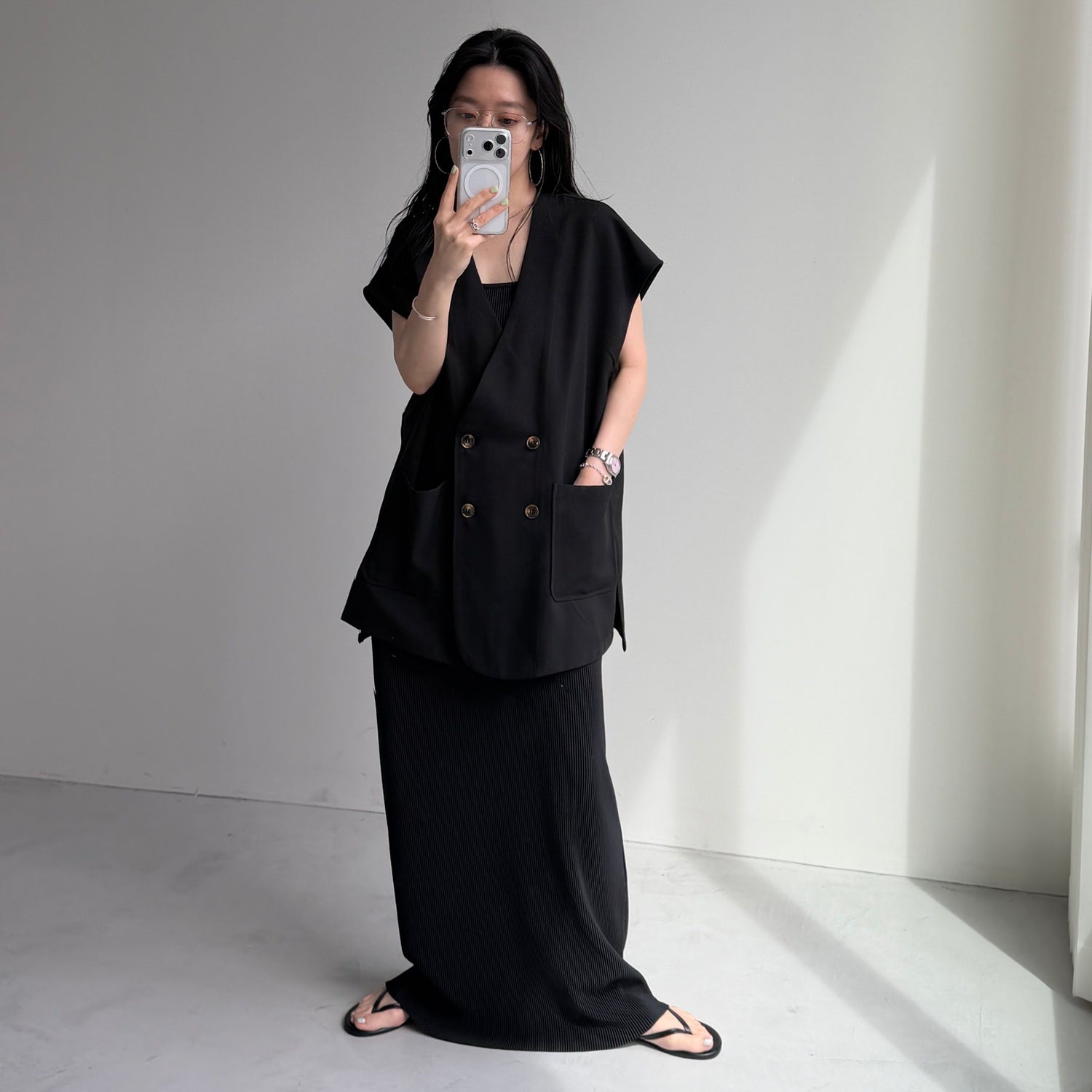 daily daily super stretch pleats cami one piece / black [FREE or LONG]