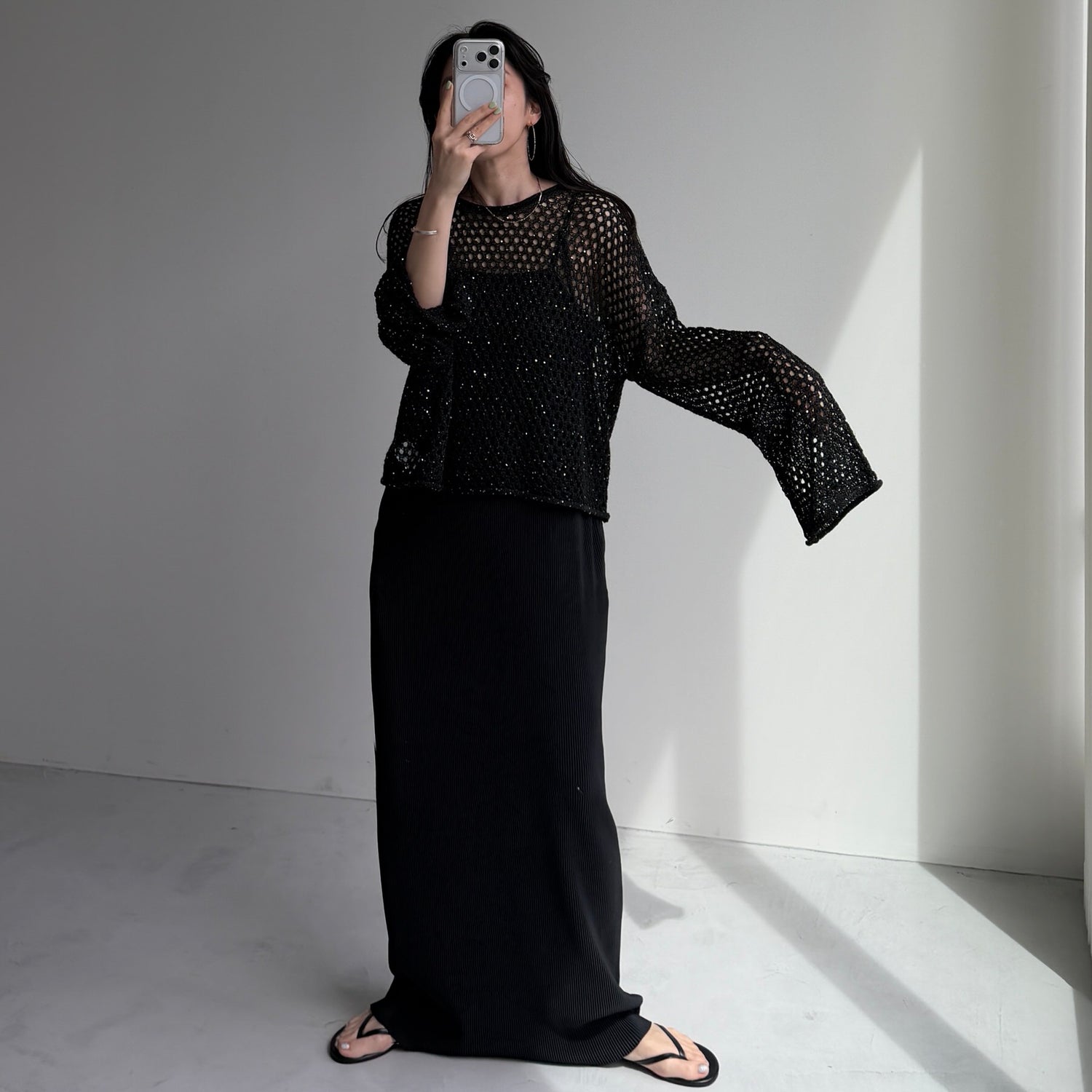 daily daily super stretch pleats cami one piece / black [FREE or LONG]