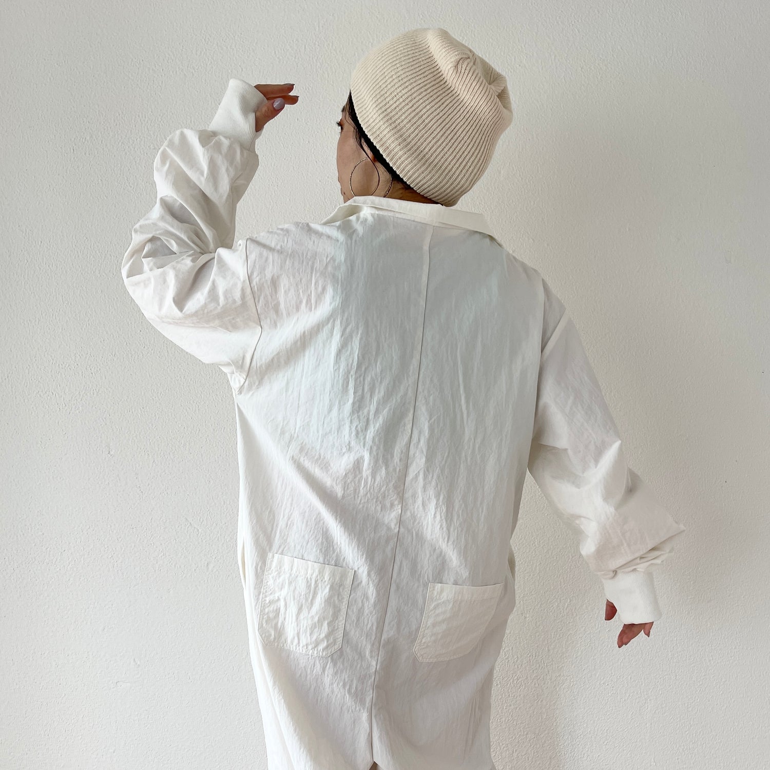 high neck half zip up nylon all in one / ivory （ハイネックハーフ