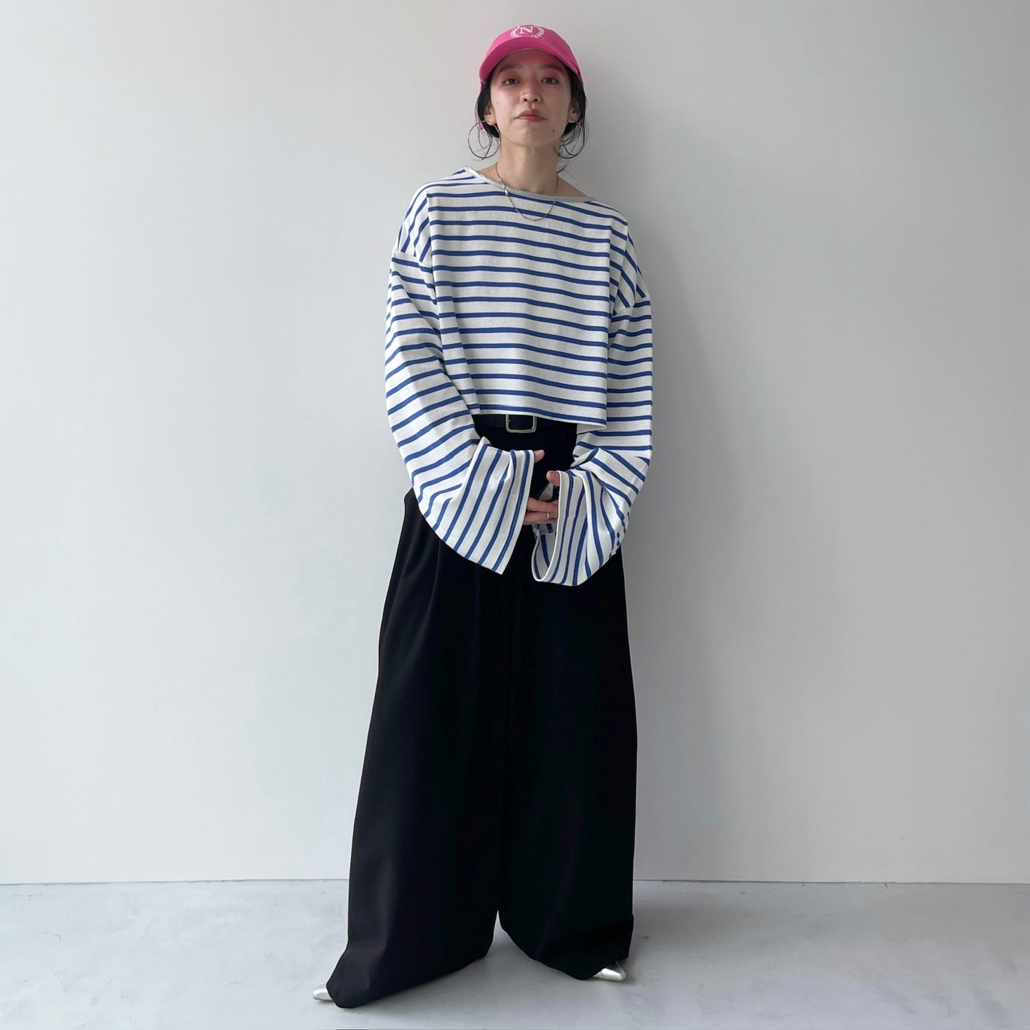 wide sleeve over size border tee / blue×silver (short)