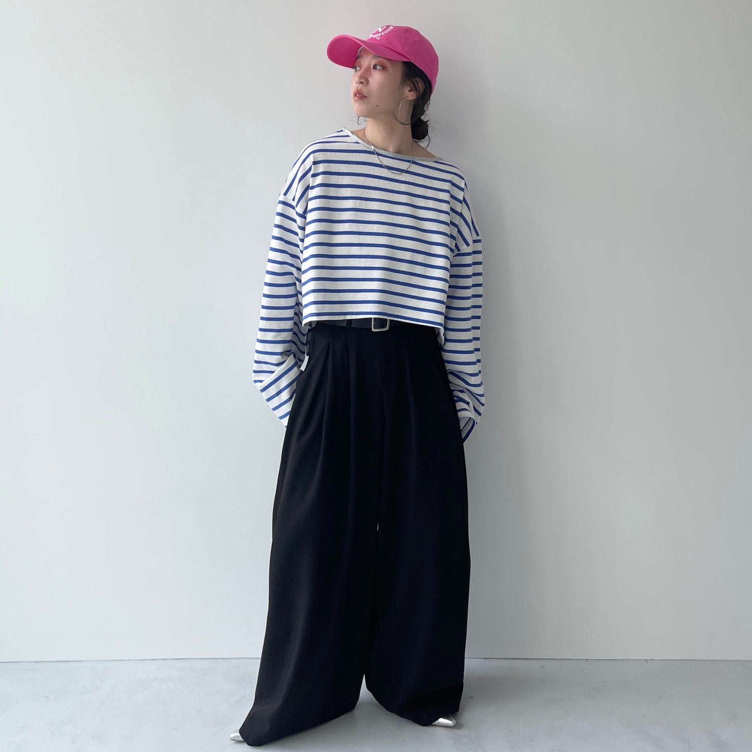 wide sleeve over size border tee / blue×silver (short)