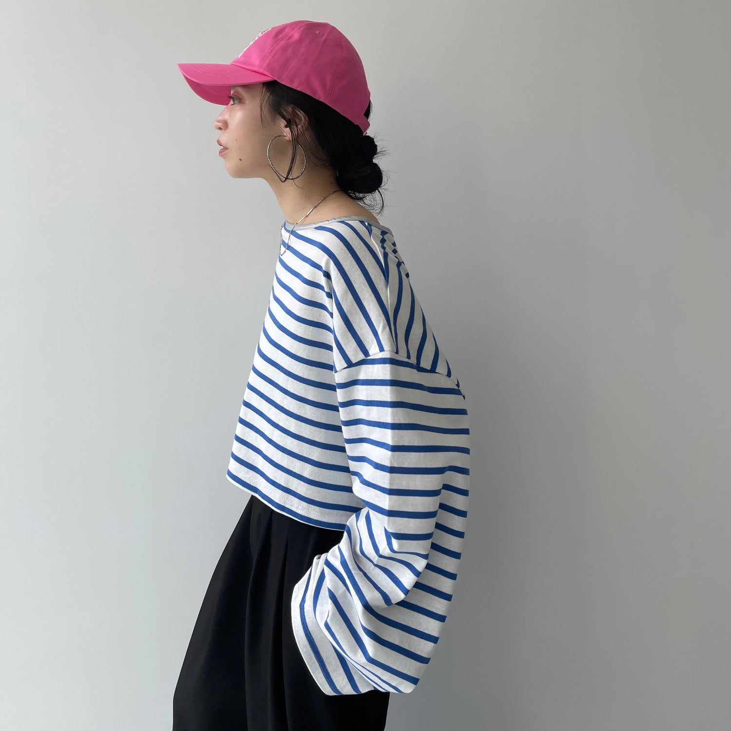 wide sleeve over size border tee / blue×silver (short)