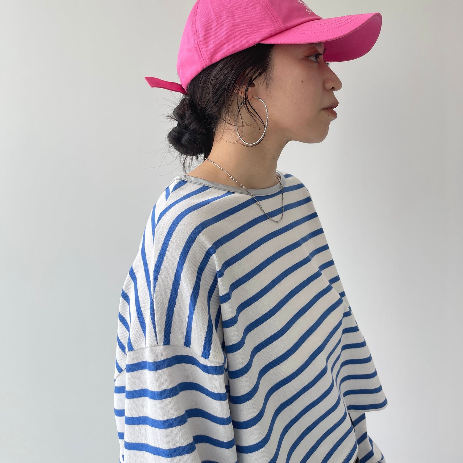 wide sleeve over size border tee / blue×silver (short)