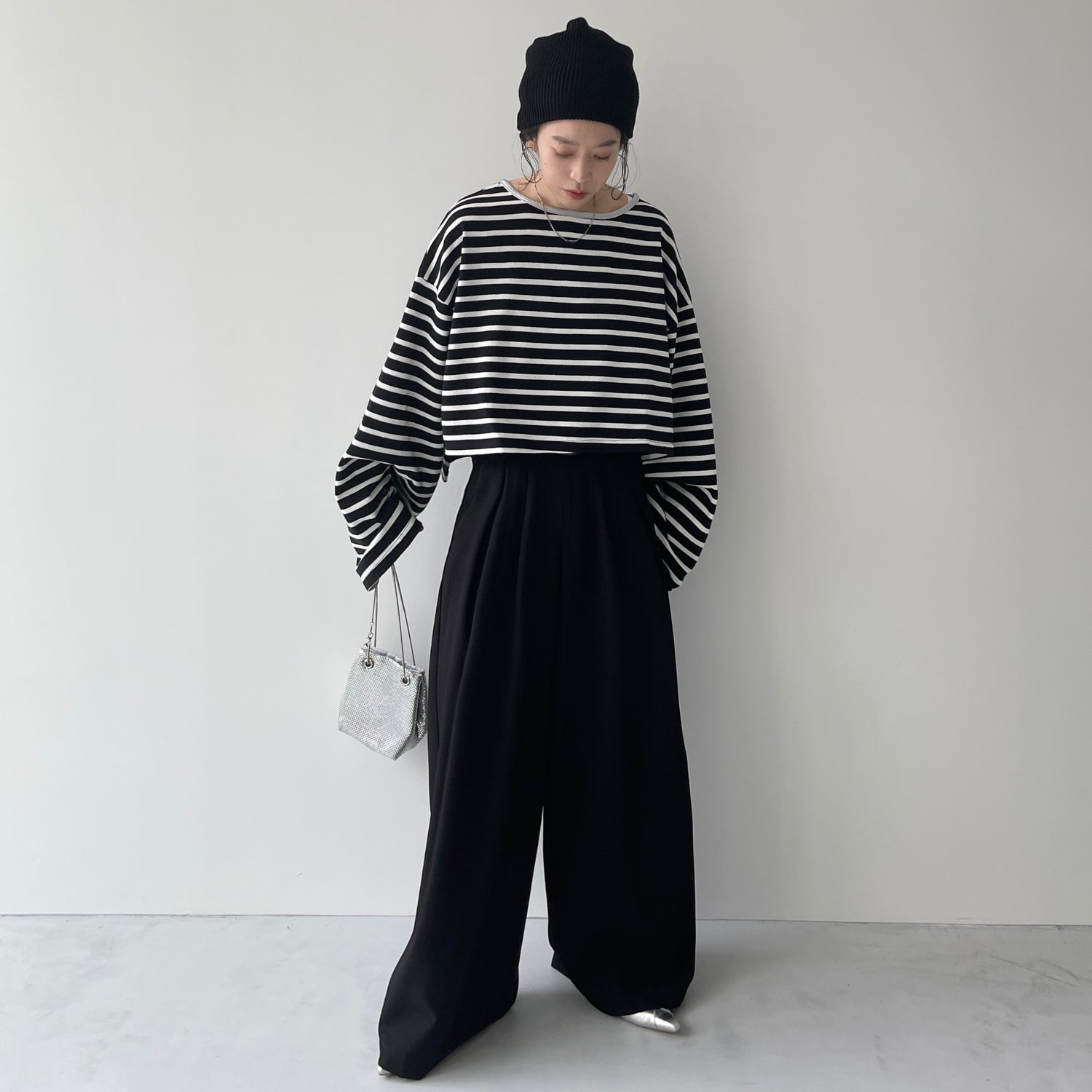 wide sleeve over size border tee / black×silver (short)