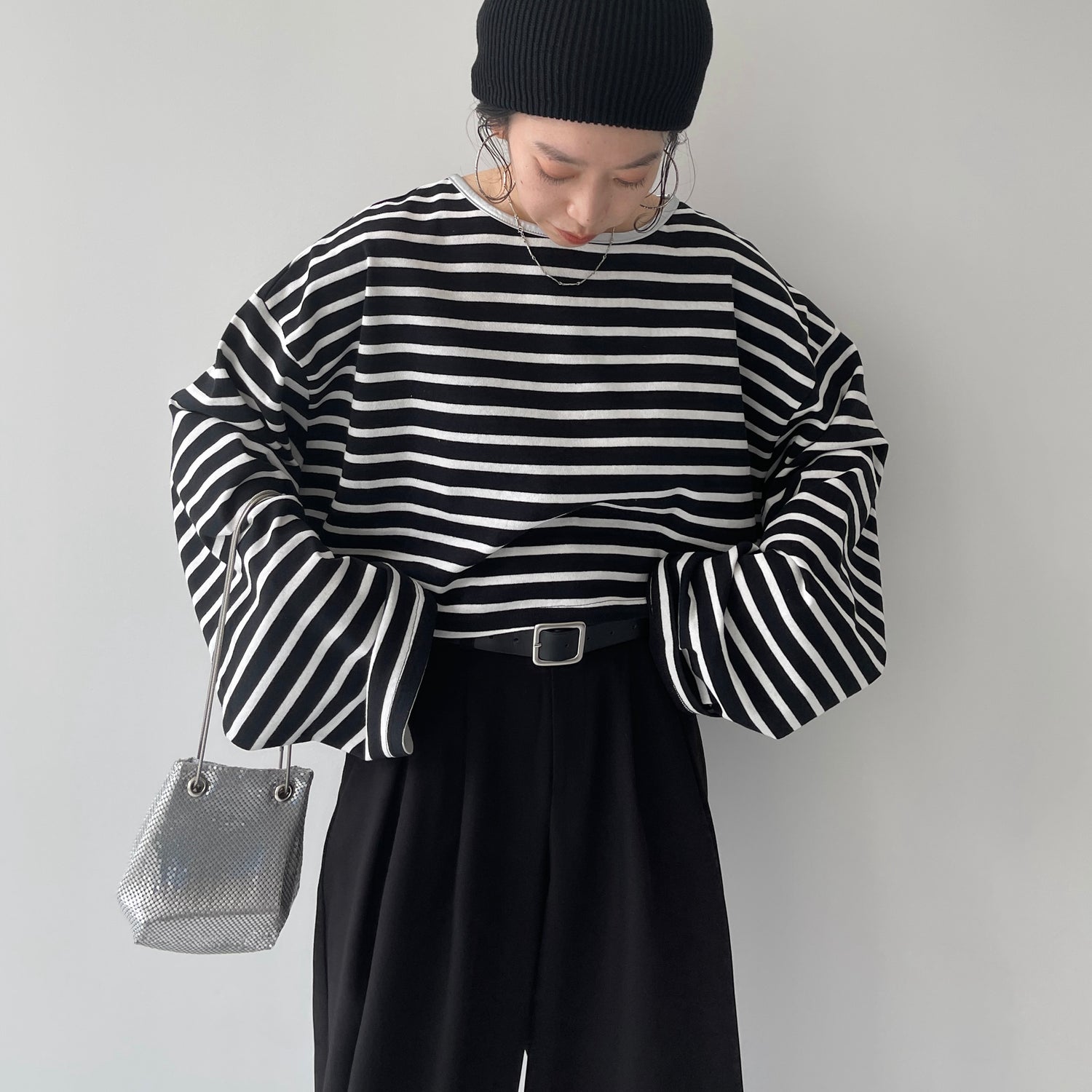 wide sleeve over size border tee / black×silver (short)