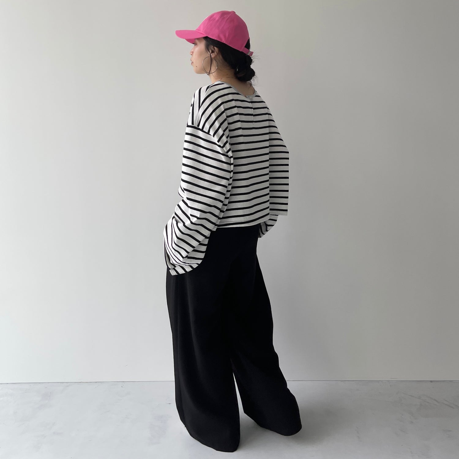 wide sleeve over size border tee / clear black×silver (short)