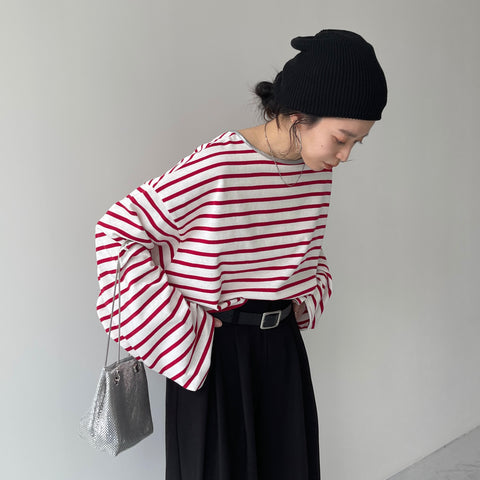 wide sleeve over size border tee / cherry red×silver[SHORT or FREE]