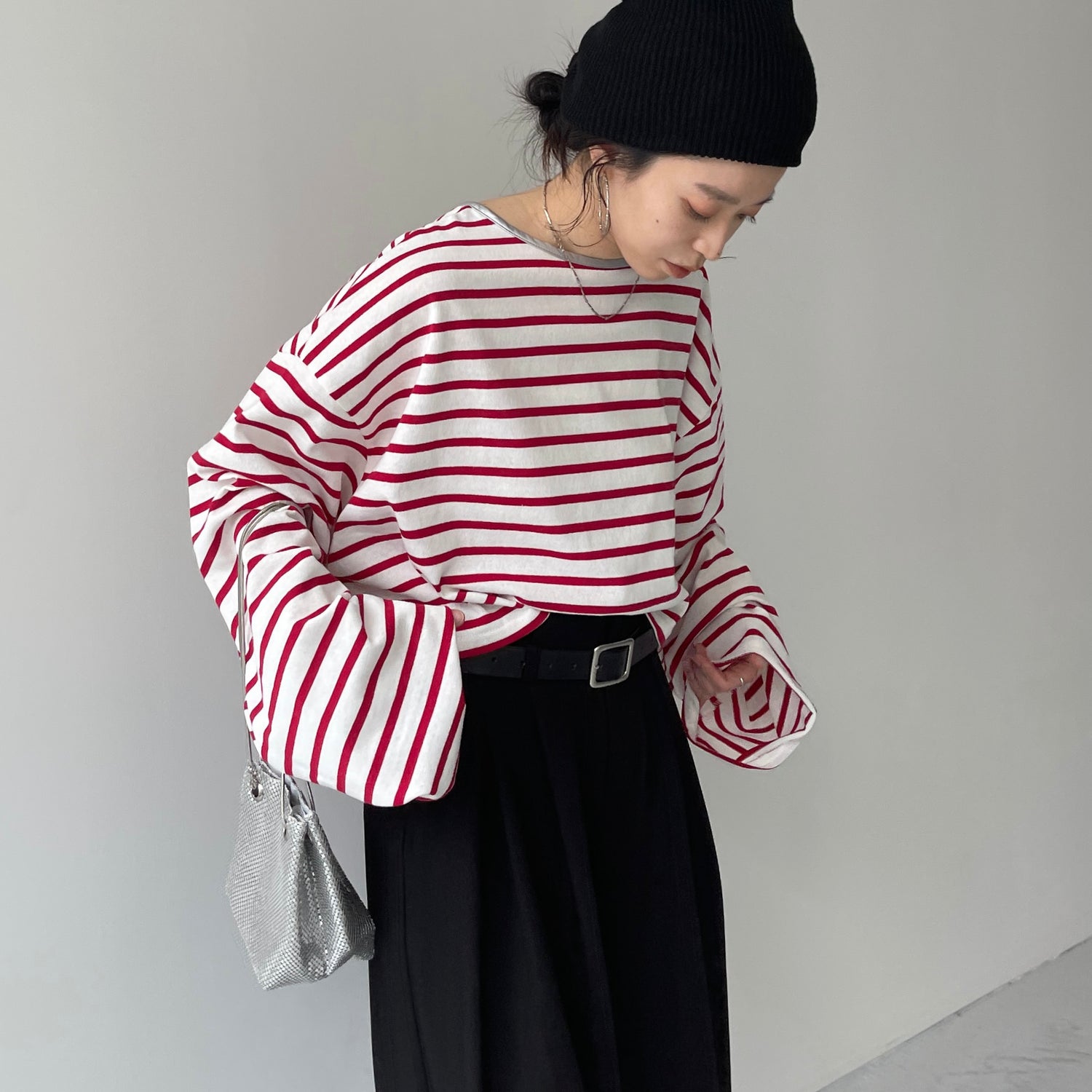 wide sleeve over size border tee / cherry red×silver (short)