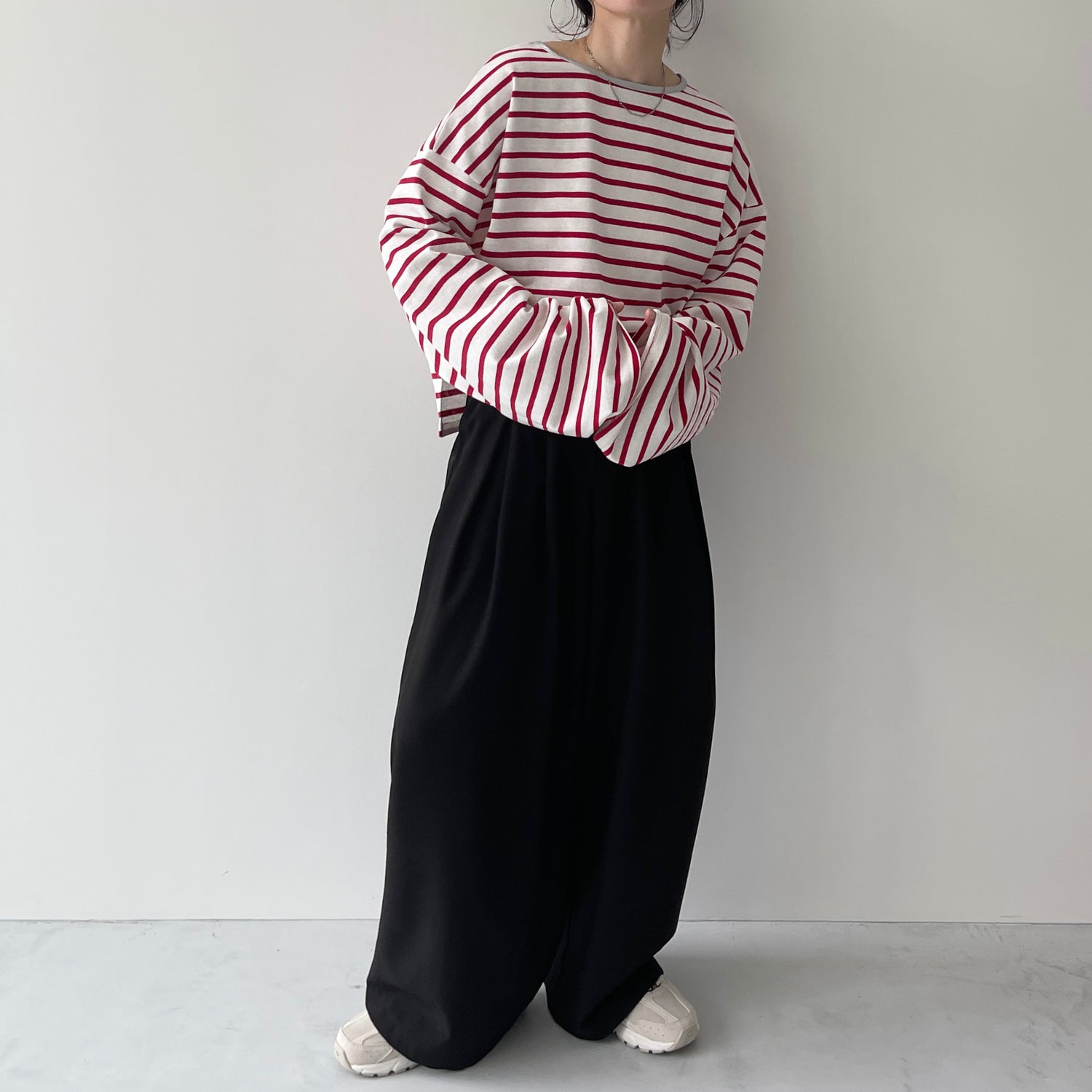 wide sleeve over size border tee / cherry red×silver (short)