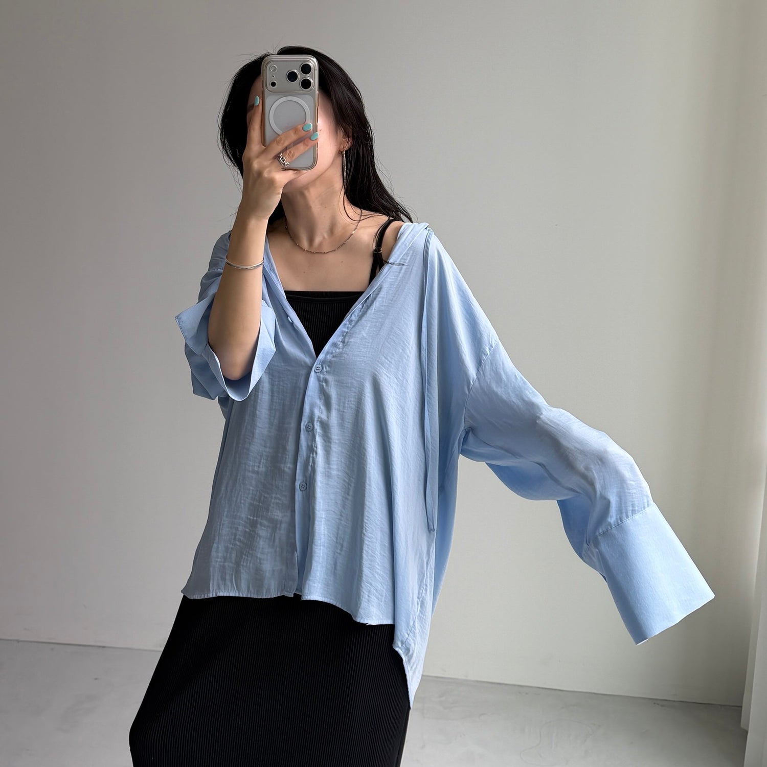 rayon hooded shirt / blue