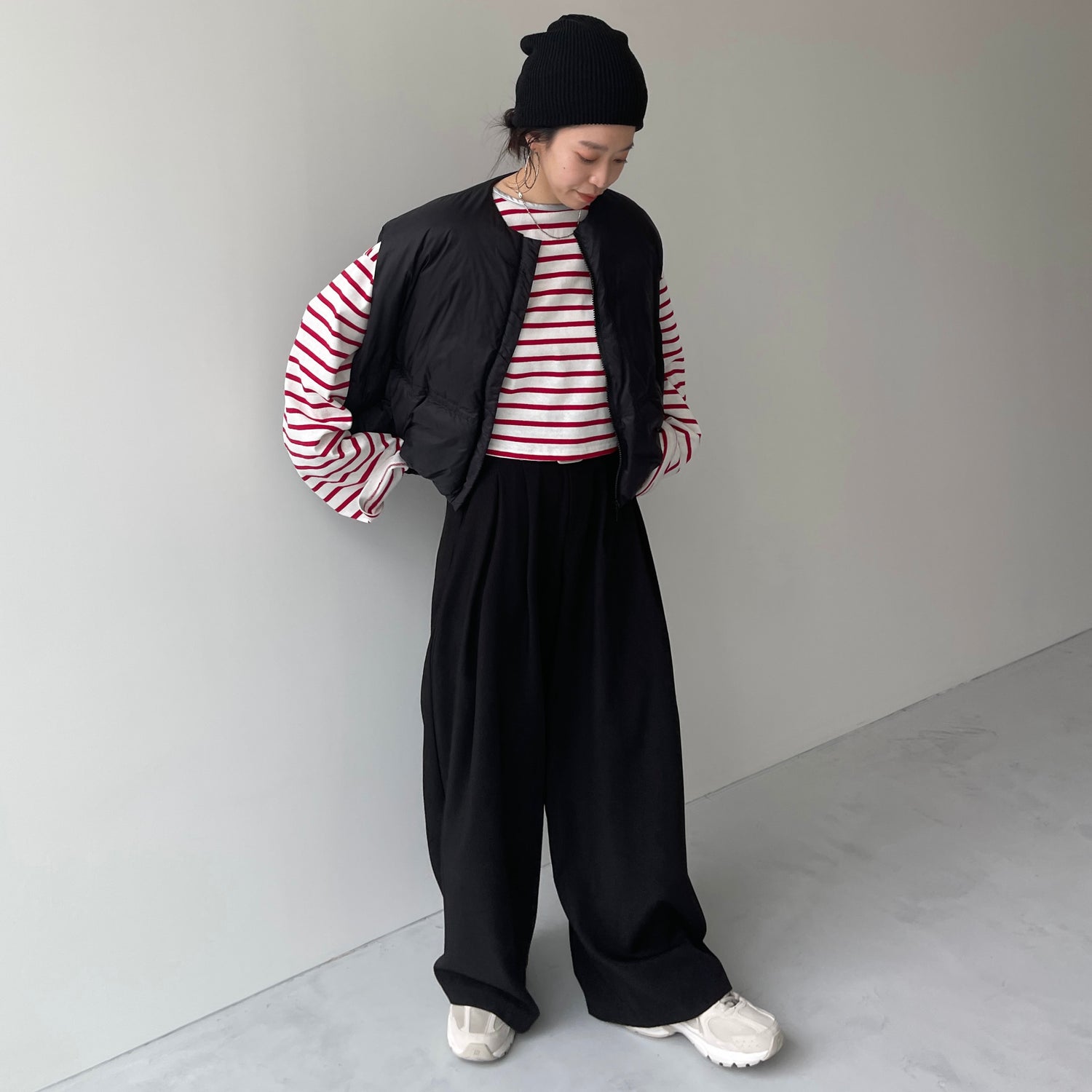 wide sleeve over size border tee / cherry red×silver (short)