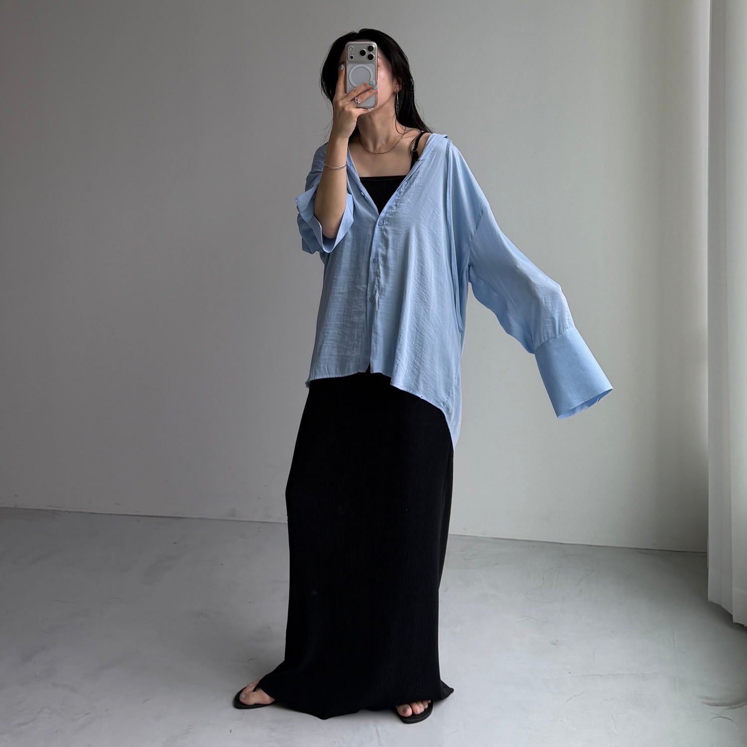 rayon hooded shirt / blue