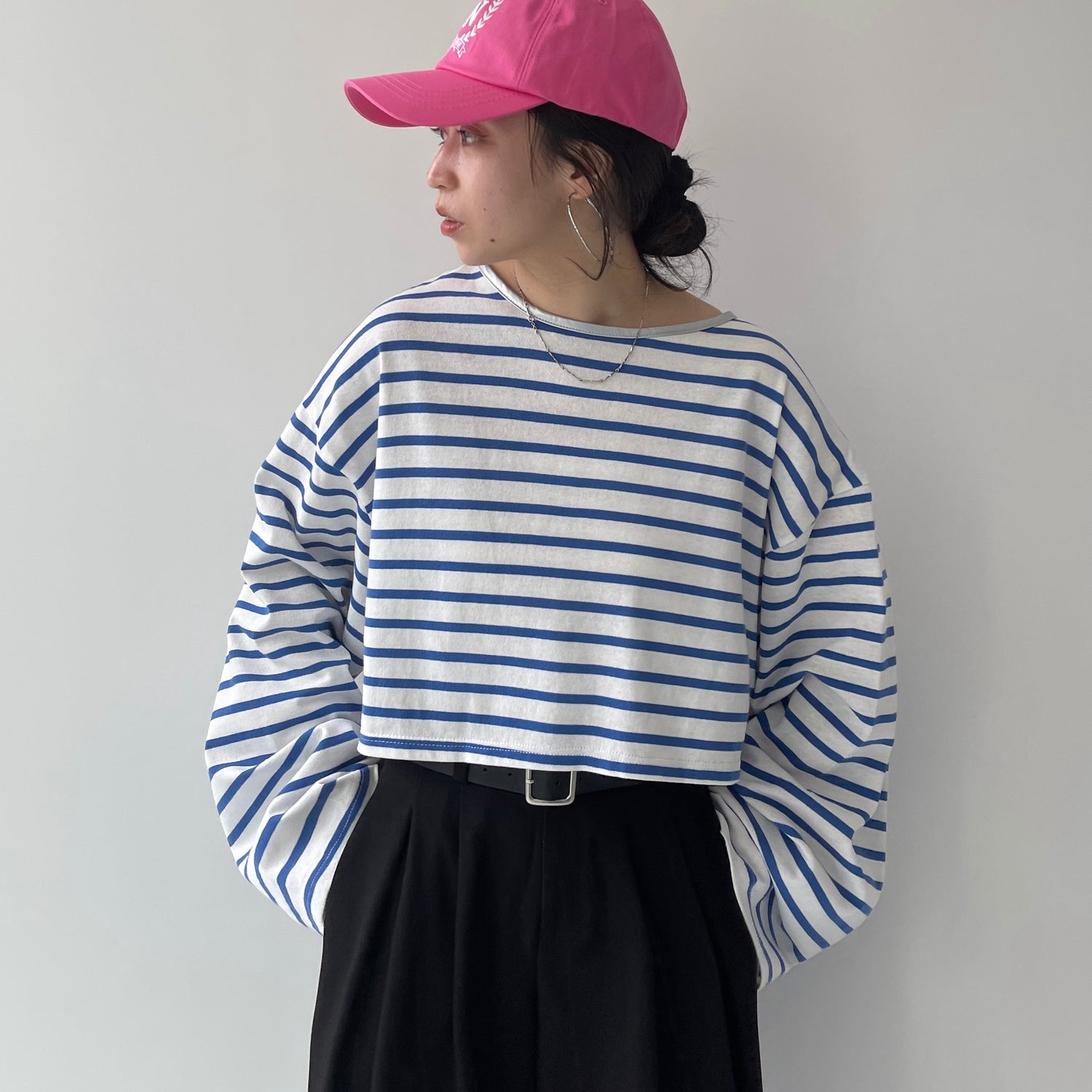 wide sleeve over size border tee / blue×silver (short)