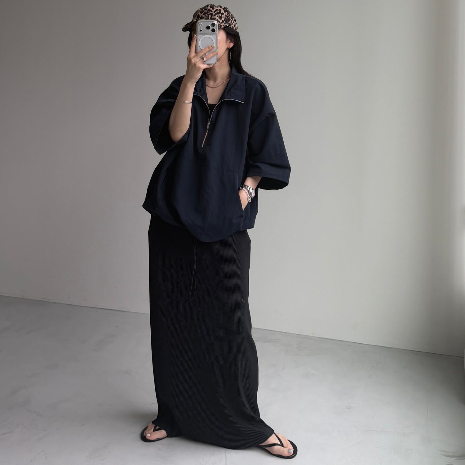 over size half zip nylon po / navy