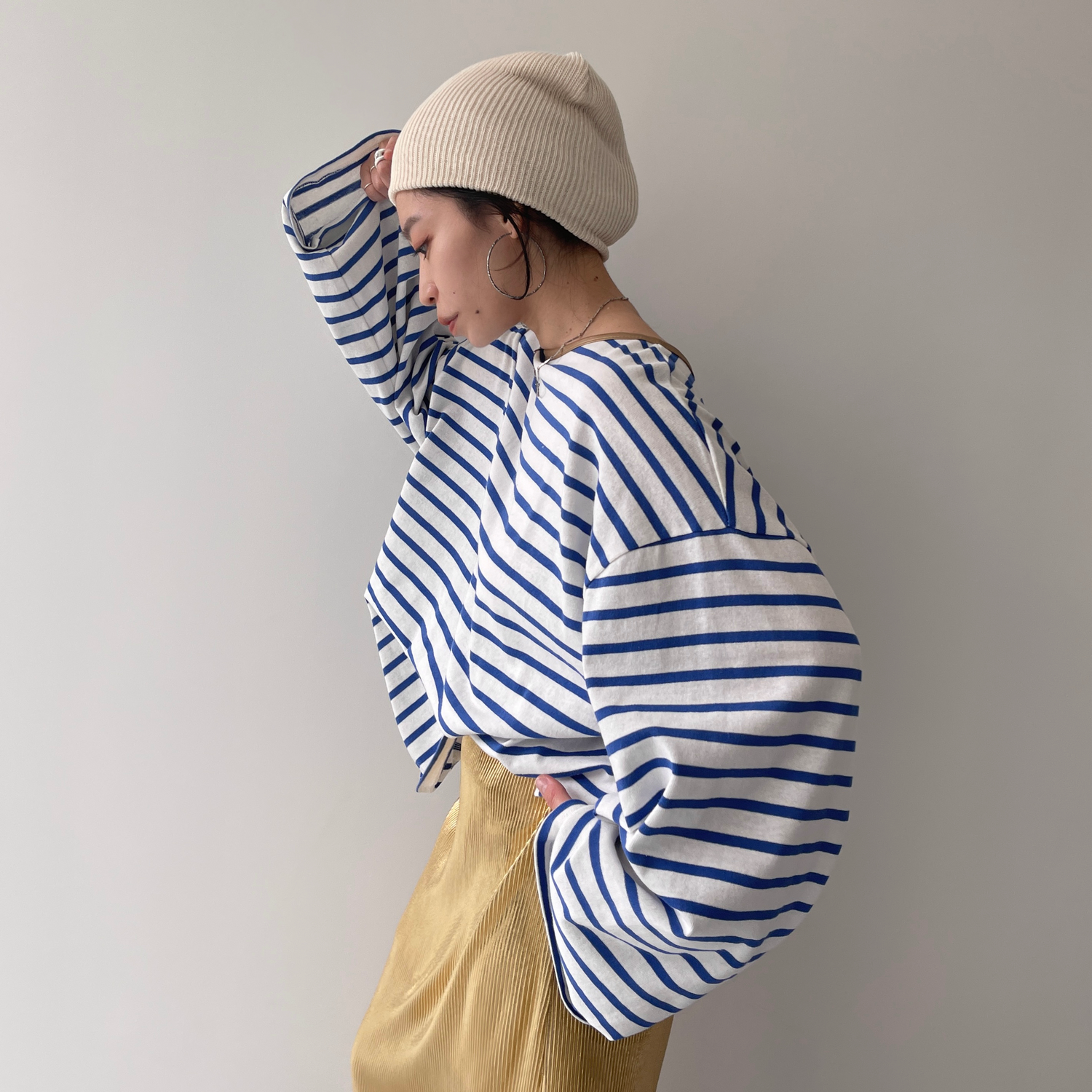 wide sleeve over size border tee / blue×gold